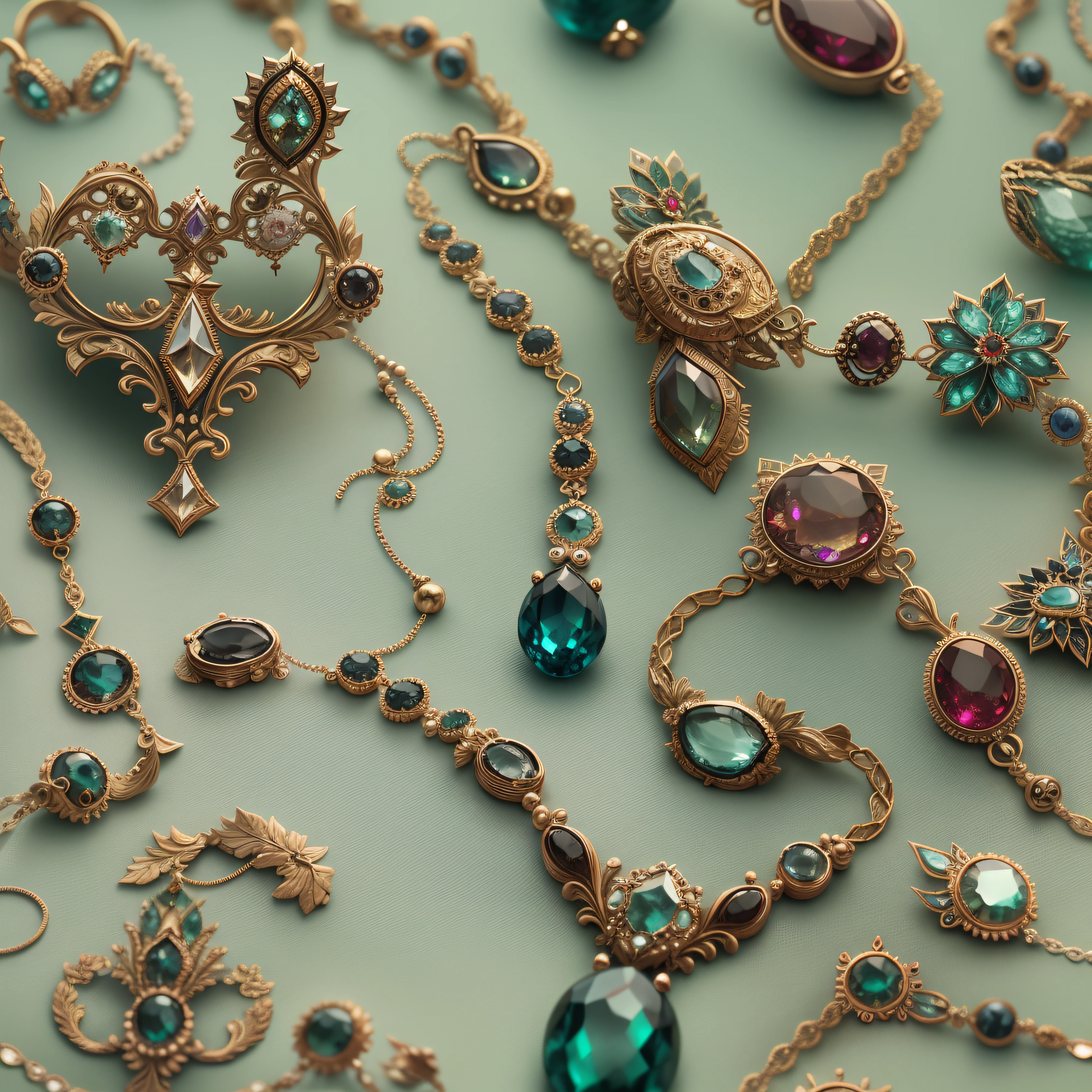 an antique victorian gemstone necklace, jewelry design, plain background :: romantic era, england :: 8k octane render, high-definition photography