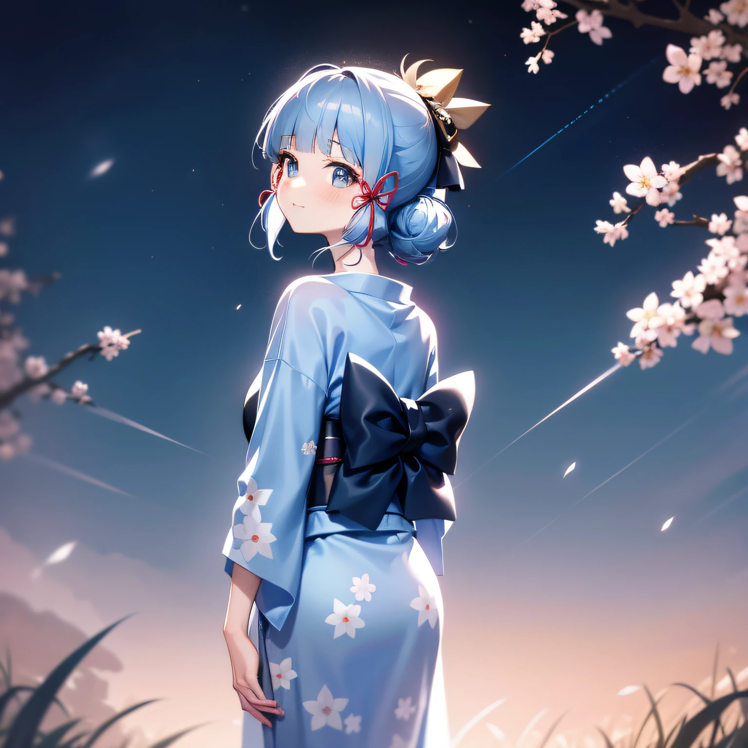 1girl, a distant girl in a kimono staring at the stars, (zoomed out: 1.1), (meteor shower: 1.2), (comet: 1.1), your name, low angle, from behind, northern lights, shooting stars, yukata, red kimono, cherry blossoms, Standing in the field, best quality, masterpiece, cloud, colorful, starry, stars,