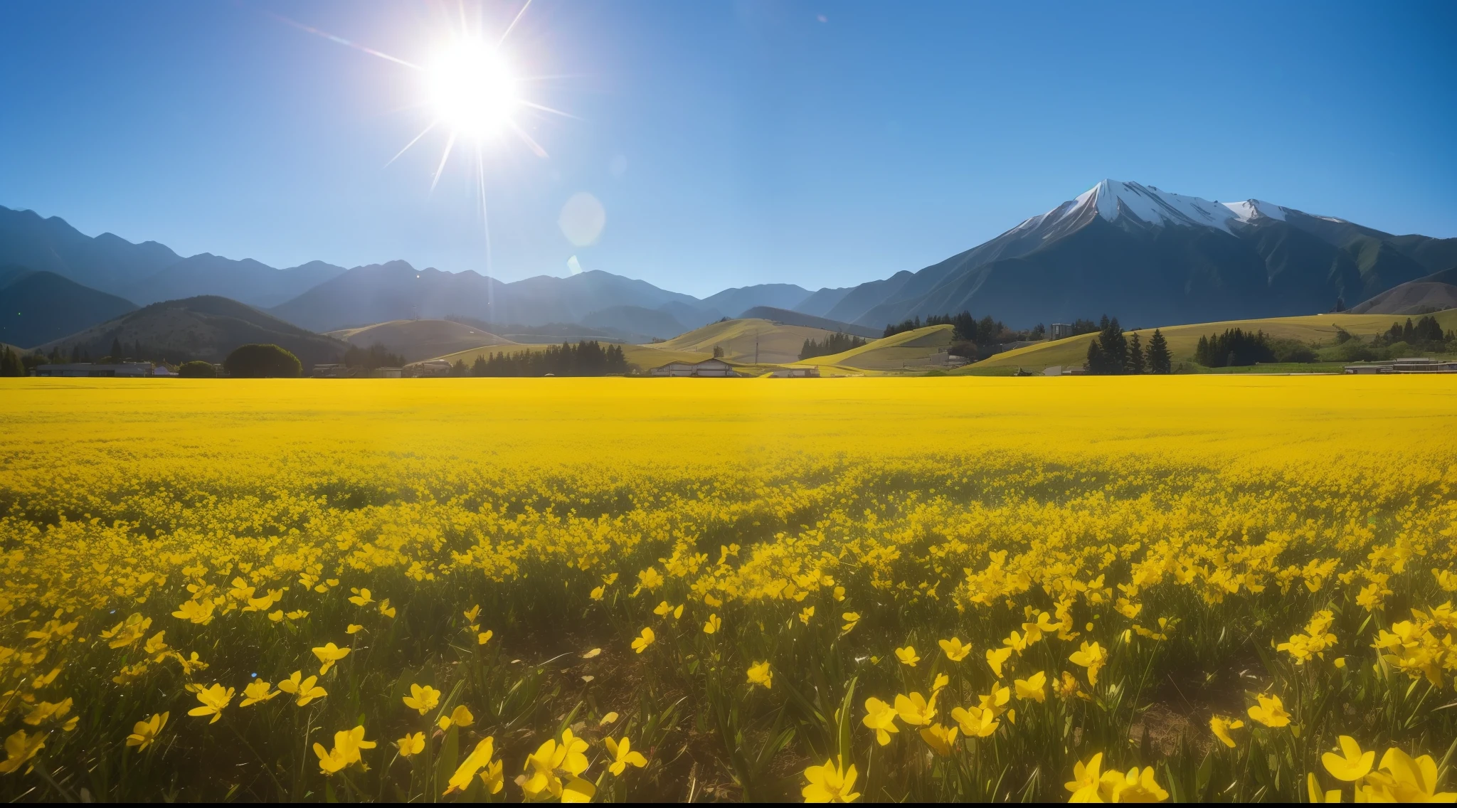 Distant mountains with yellow flower fields, countryside in japan, japan mountains, with flower fields as foreground, aomori japan, Flower wheat field, mont, heroine japan vivid landscape, background of flowery hill, very very beautiful scenery, gunma prefecture, Very beautiful scenery, flower field, Beautiful scenery, sony a7, film gain, Sunshine, Cinematic lighting, Photorealistic, one-point perspective, 32K, diffuse reflection, colorful shiny particles, Lens Flare, sharp reflection light