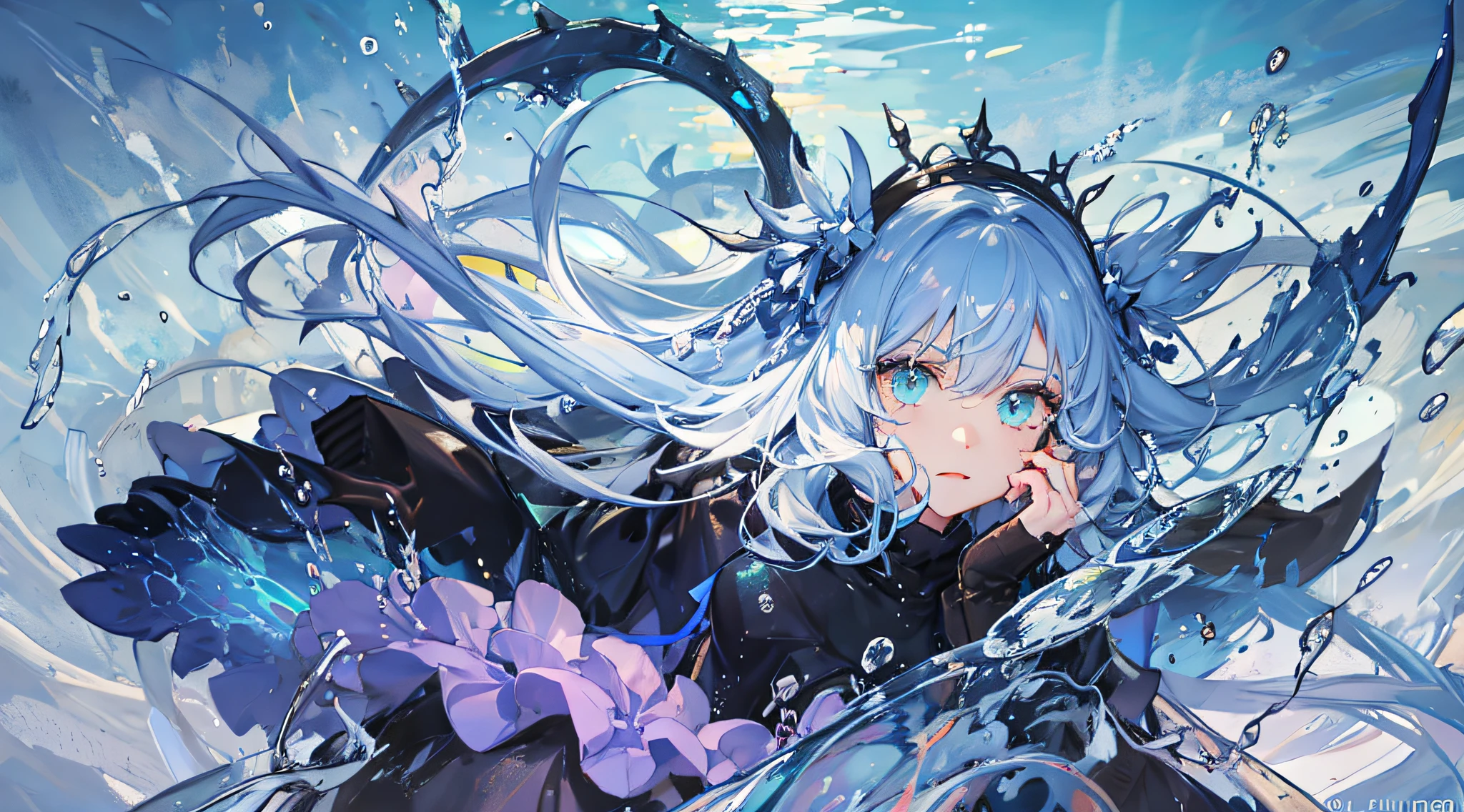 ((masterpiece,best quality)),(negative space:1.2),(1girl, solo:1.4),beautiful detailed eyes,floating hair, underwater, bubble, fish, (jellyfish), fluorescence,sea turtle, seaweed,