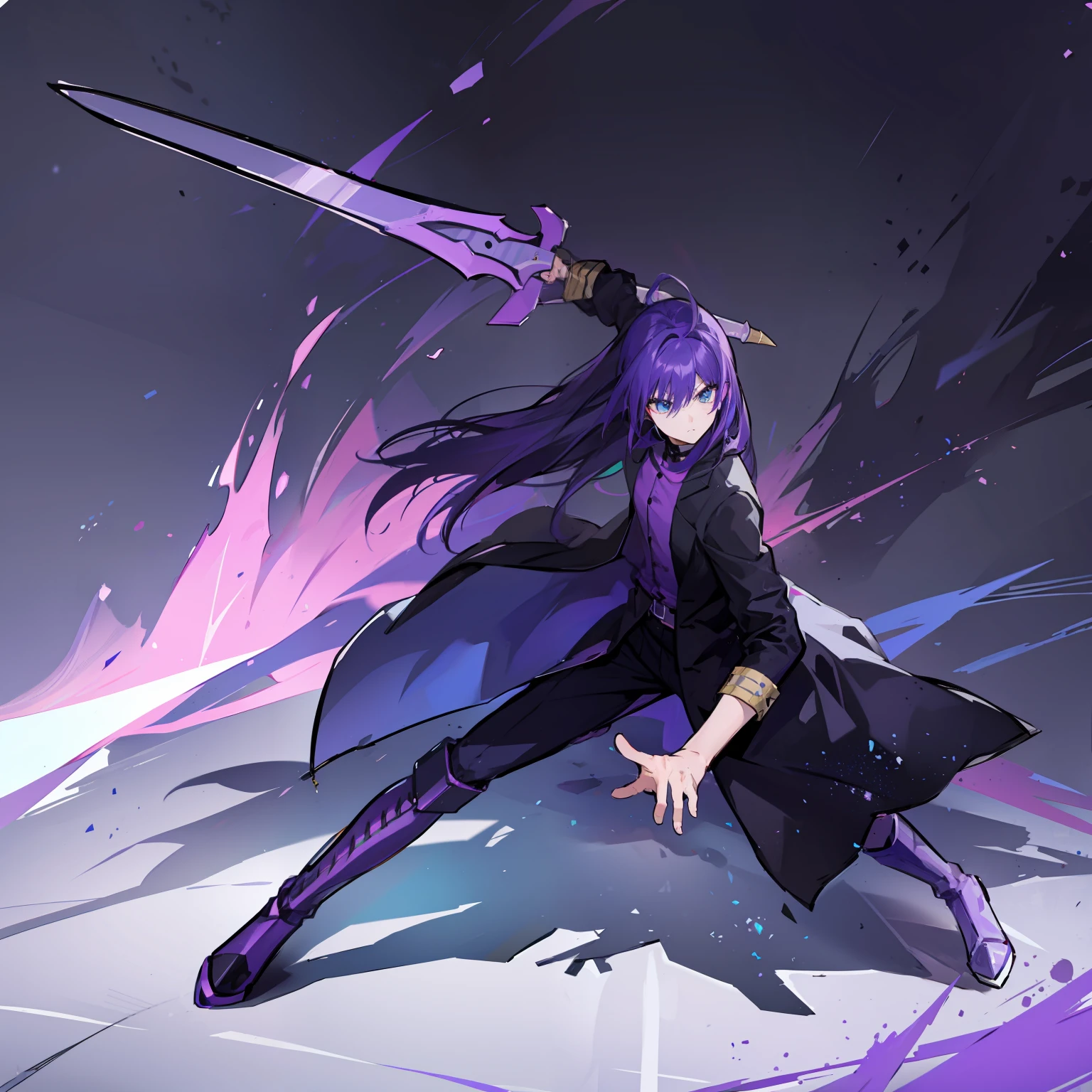 purple color hair, Wear black clothes, Blue Sword, Battle scenes, sharp eyes, Uniform