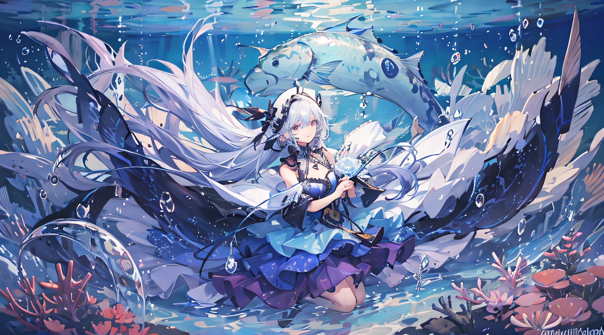 ((masterpiece,best quality)),(negative space:1.2),(1girl, solo:1.4),beautiful detailed eyes,floating hair, underwater, bubble, fish, (jellyfish), fluorescence,sea turtle, seaweed,