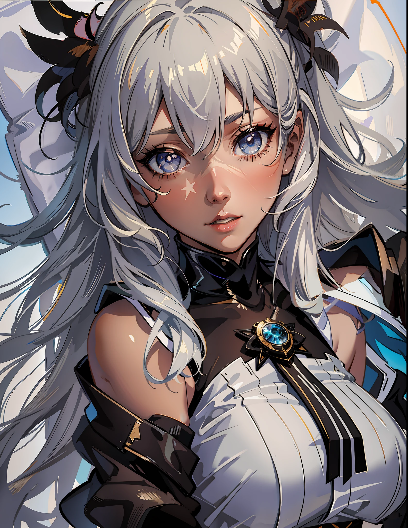 Anime girl with white hair and blue eyes in black and white costume, Detailed Digital Anime Art, very detailed Artgerm, Trending on ArtStation pixiv, guweiz on artstation pixiv, guweiz on pixiv artstation, clean detailed anime art, detailed portrait of an anime girl, cushart krenz key art feminine