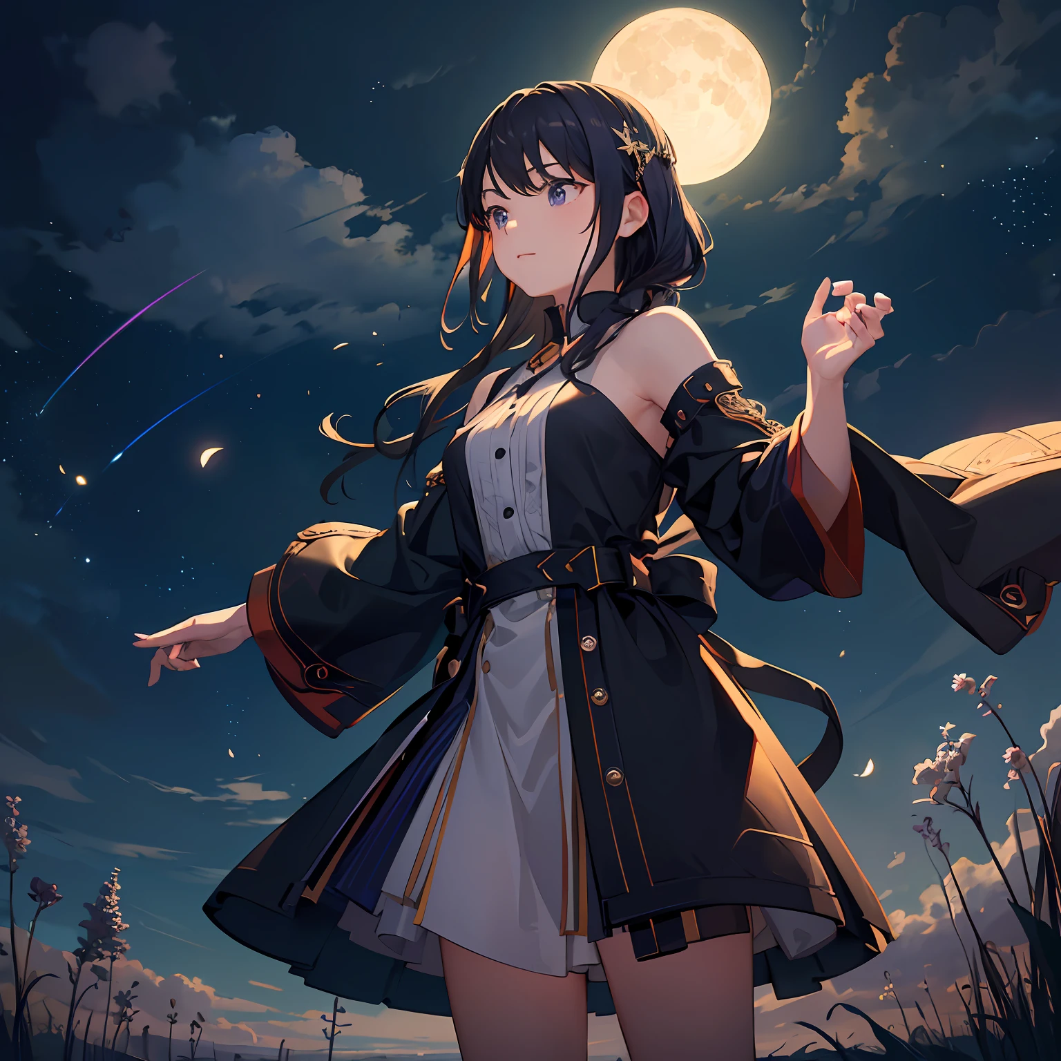 A wide landscape photo, (viewed from below, the sky is above, and the open field is below), a girl standing on a flower field looking up, (full moon: 1.2), (meteor: 0.9), (nebula: 1.3), distant mountains , Trees BREAK Crafting Art, (Warm Light: 1.2), (Firefly: 1.2), Lights, Lots of Purple and Orange, Intricate Details, Volumetric Lighting BREAK (Masterpiece: 1.2), (Best Quality), 4k, Ultra Detailed, (Dynamic Composition: 1.4), Rich in Detail and Color, (Rainbow Color: 1.2), (Glow, Atmospheric Lighting), Dreamy, Magical, (Solo: 1.2) --auto