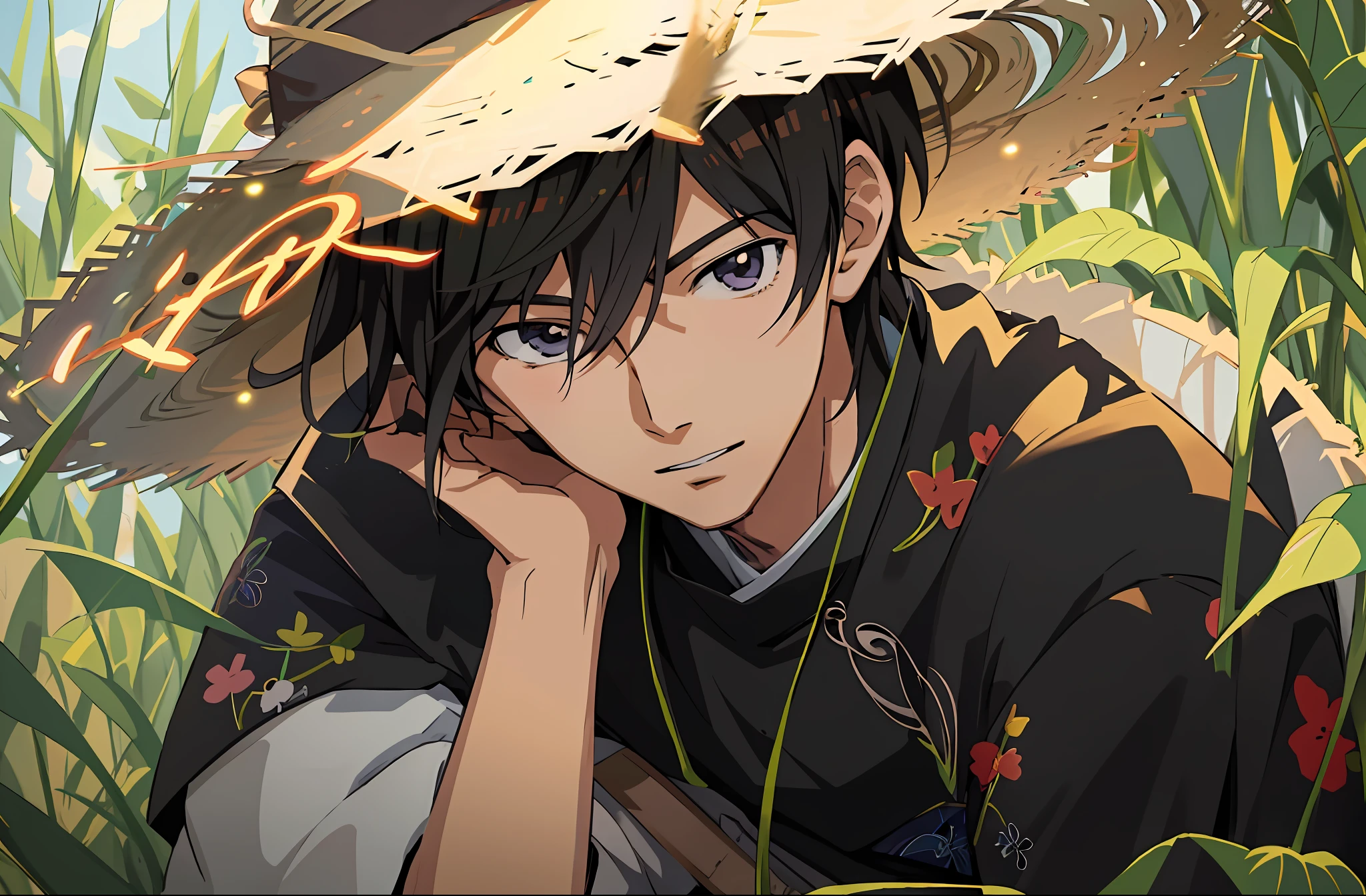 Anime boy sitting in tall grass wearing straw hat, Kawasi, Guviz-style artwork, Guviz, Anime boy, Detailed digital anime art, young anime man, style of anime4 K, Handsome anime pose, Anime art wallpaper 4k, Anime art wallpaper 4 K, Digital anime illustration, 4K anime wallpaper, High Quality Anime Art Style