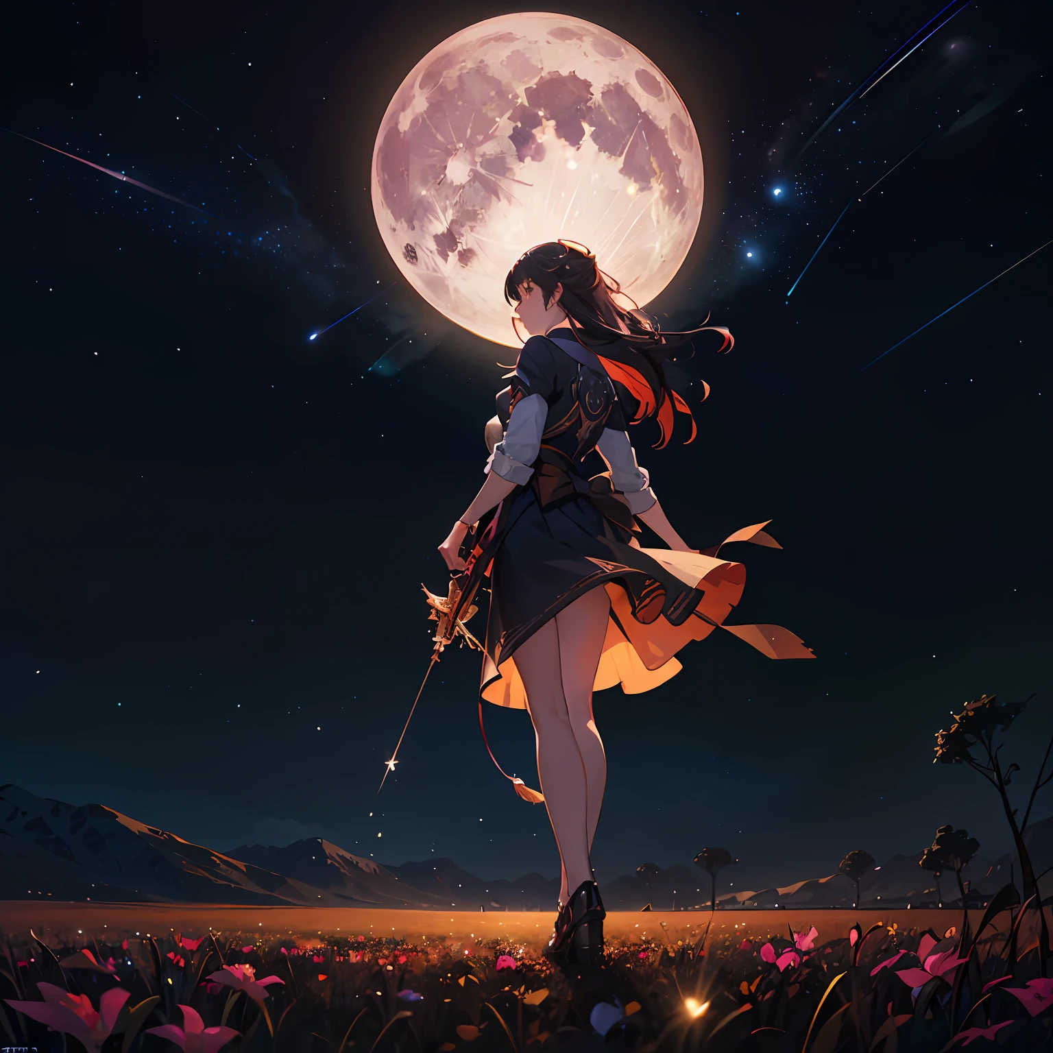 A wide landscape photo, (viewed from below, the sky is above, and the open field is below), a girl standing on a flower field looking up, (full moon: 1.2), (meteor: 0.9), (nebula: 1.3), distant mountains , Trees BREAK Crafting Art, (Warm Light: 1.2), (Firefly: 1.2), Lights, Lots of Purple and Orange, Intricate Details, Volumetric Lighting BREAK (Masterpiece: 1.2), (Best Quality), 4k, Ultra Detailed, (Dynamic Composition: 1.4), Rich in Detail and Color, (Rainbow Color: 1.2), (Glow, Atmospheric Lighting), Dreamy, Magical, (Solo: 1.2) --auto
