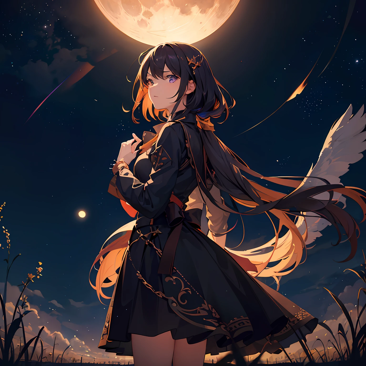 A wide landscape photo, (viewed from below, the sky is above, and the open field is below), a girl standing on a flower field looking up, (full moon: 1.2), (meteor: 0.9), (nebula: 1.3), distant mountains , Trees BREAK Crafting Art, (Warm Light: 1.2), (Firefly: 1.2), Lights, Lots of Purple and Orange, Intricate Details, Volumetric Lighting BREAK (Masterpiece: 1.2), (Best Quality), 4k, Ultra Detailed, (Dynamic Composition: 1.4), Rich in Detail and Color, (Rainbow Color: 1.2), (Glow, Atmospheric Lighting), Dreamy, Magical, (Solo: 1.2) --auto