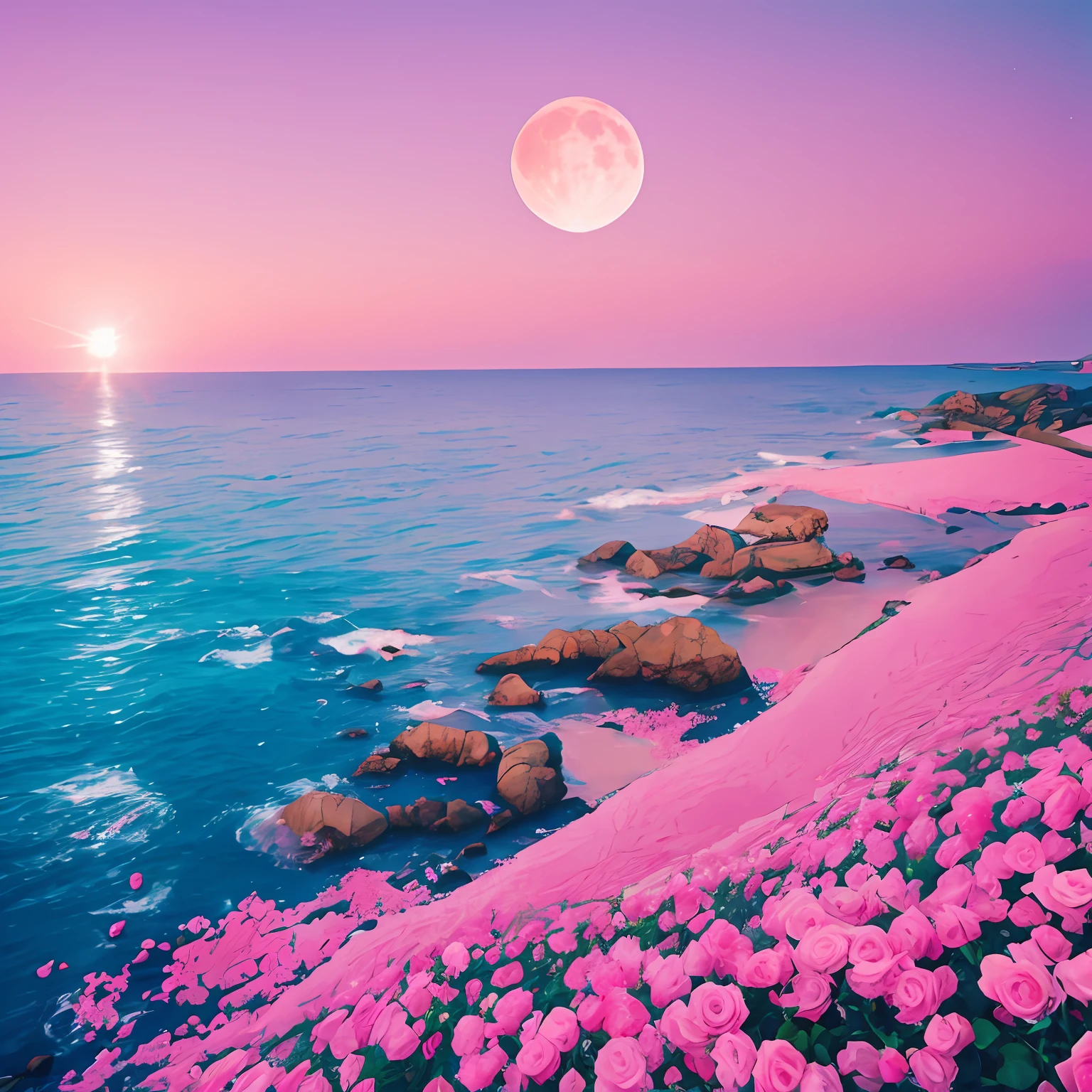 Pink moon, pink sky, soft pink clouds, pink ocean waves sparkling, sparkling, pink roses on pink ocean, fantasy, diamond, crown, universe, soft lights, --auto