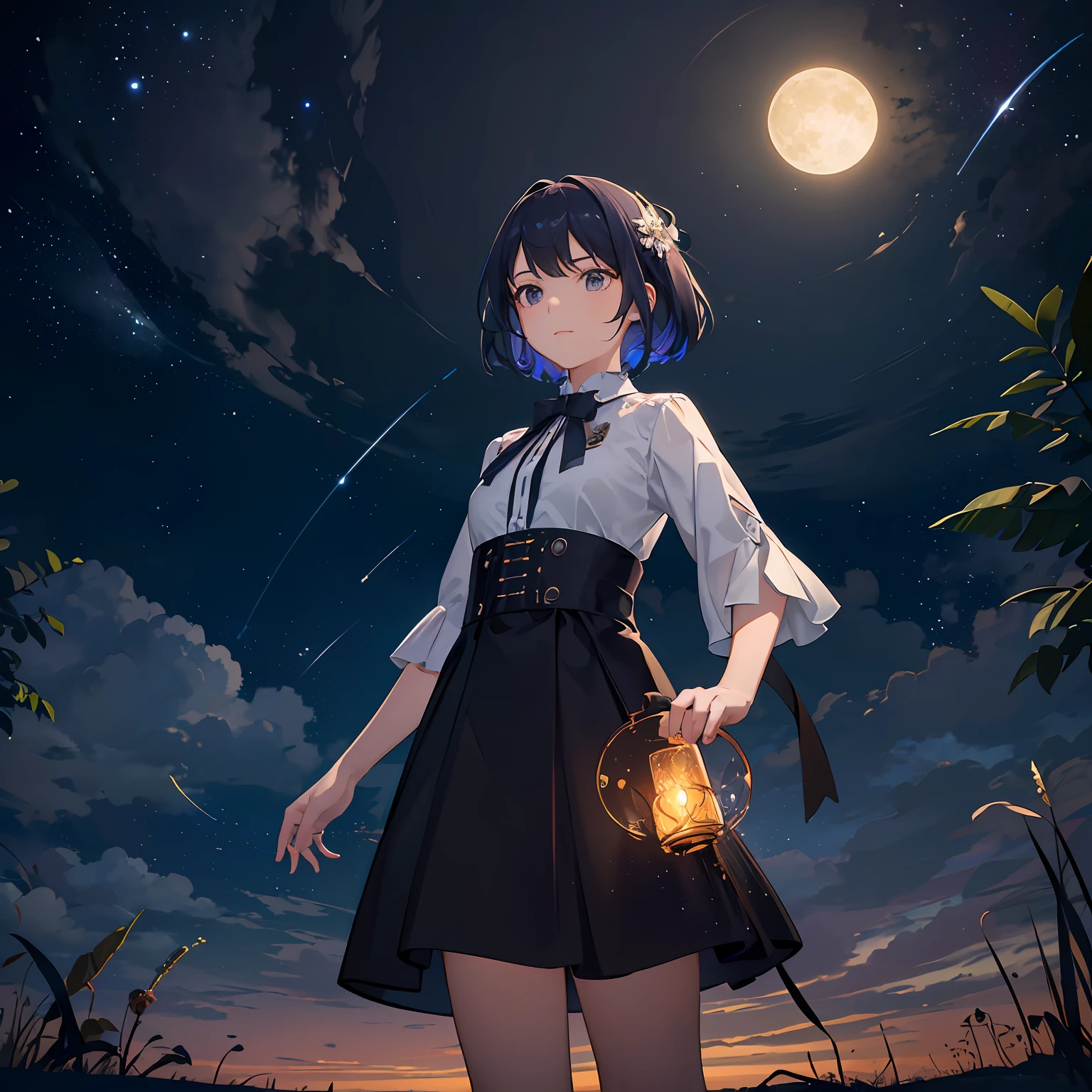 Expansive landscape photograph, (view from below with a view of the sky and the wilderness below), little girl standing in a flower field looking up, (full moon: 1.2), (shooting star: 0.9), (nebula: 1.3), distant mountain, tree break production art, (warm light source: 1.2), (firefly: 1.2), lamp, purple and orange, intricate detail, volume lighting BREAK (masterpiece: 1.2), (highest quality ), 4k, ultra-detailed, (dynamic configuration: 1.4), highly detailed and colorful details (iridescent: 1.2), (sparkling lighting, atmospheric lighting), dreamy, magical, (solo: 1.2) --auto