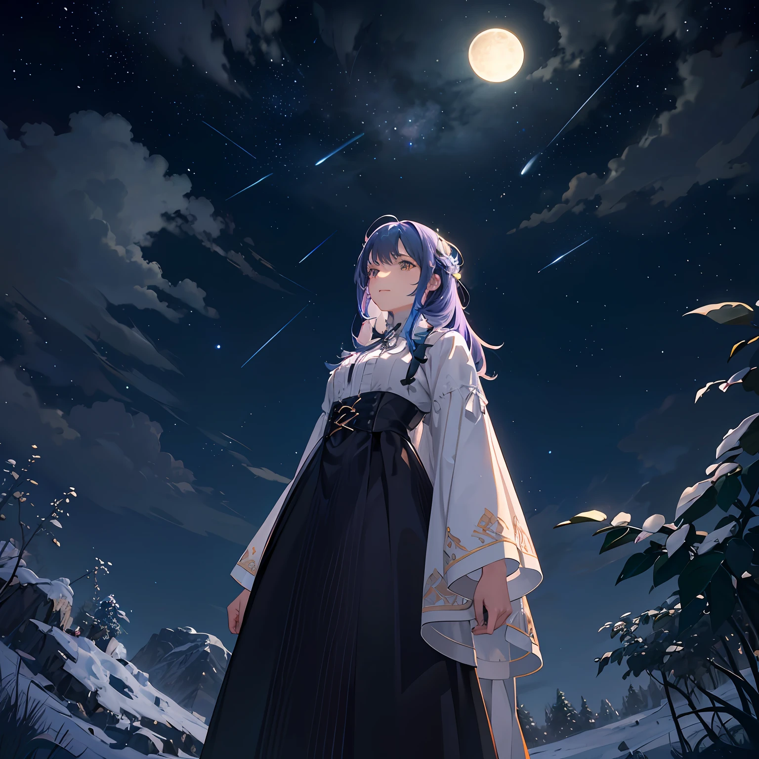 Expansive landscape photograph, (view from below with a view of the sky and the wilderness below), little girl standing in a flower field looking up, (full moon: 1.2), (shooting star: 0.9), (nebula: 1.3), distant mountain, tree break production art, (warm light source: 1.2), (firefly: 1.2), lamp, purple and orange, intricate detail, volume lighting BREAK (masterpiece: 1.2), (highest quality ), 4k, ultra-detailed, (dynamic configuration: 1.4), highly detailed and colorful details (iridescent: 1.2), (sparkling lighting, atmospheric lighting), dreamy, magical, (solo: 1.2) --auto