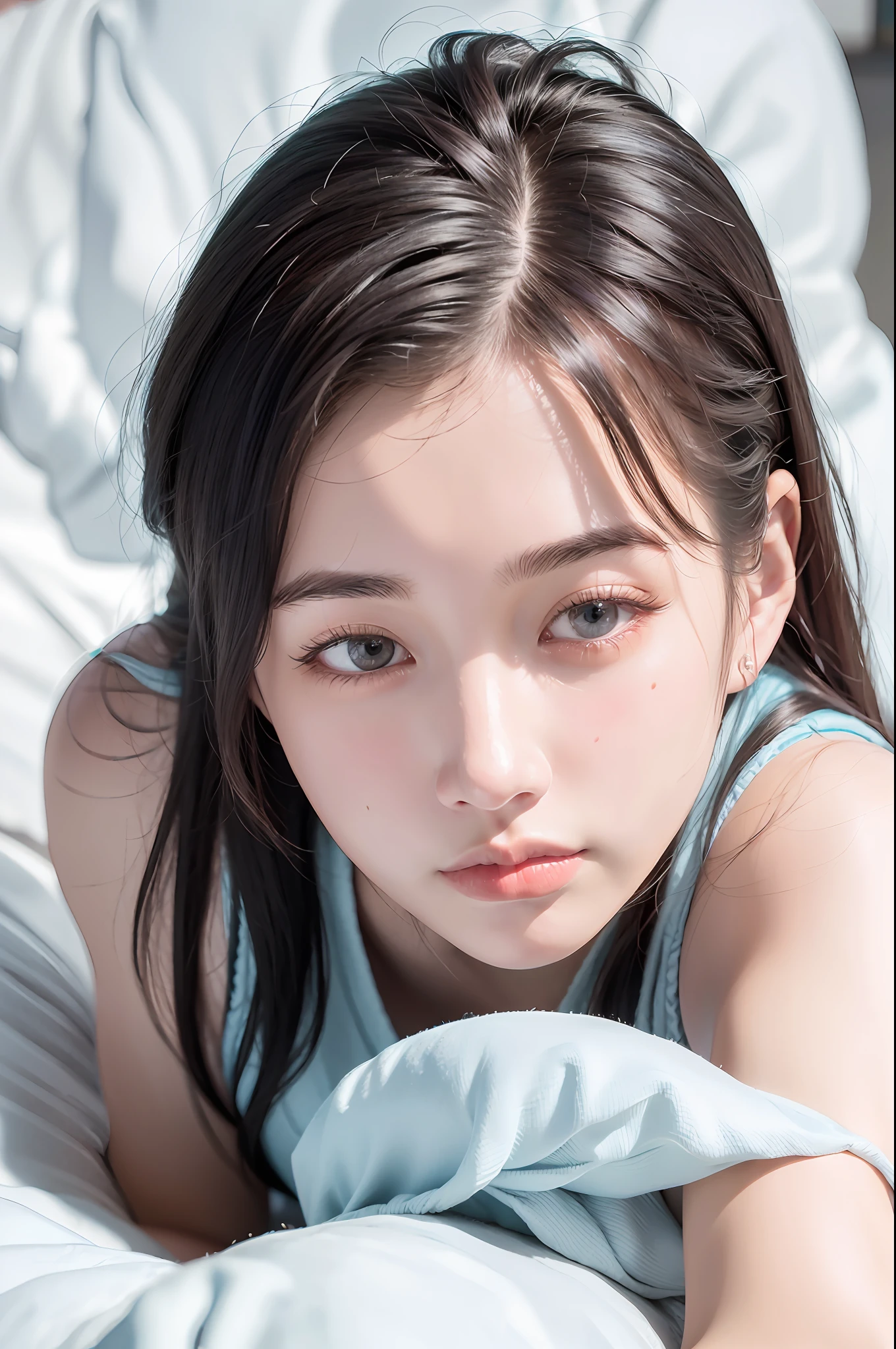 Nikon RAW photo,8 k, Fujifilm XT3,masterpiece, best quality, realistic, photorealistic, (lying on bed),(bed sheet),(Lie on the pillow),(smirk:1.1),best quality,(detailed facial features),(eyelashes:1.1),(depth of field:1.1), (chromatic aberration:1.1), (caustics:1.1), nvshen
