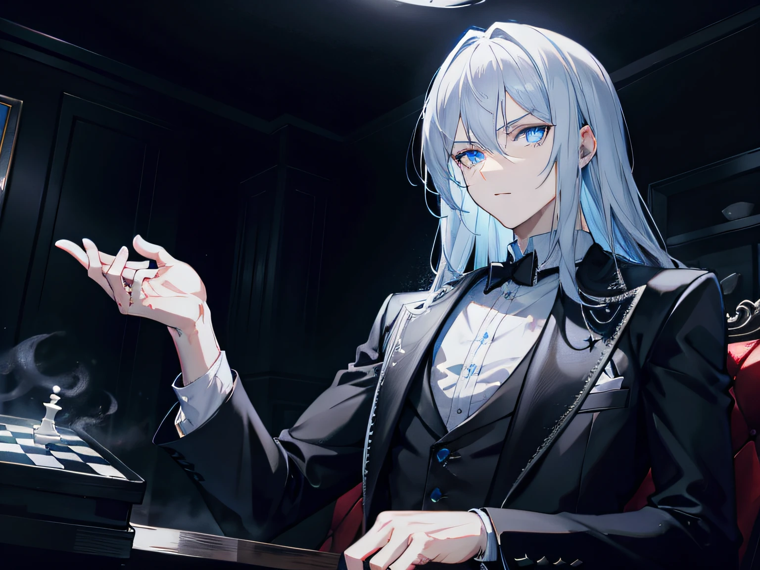 {[{{"Magnificent dark atmosphere, 4k artwork of man with gray hair and glowing blue eyes sitting on chessboard, Think about your next move."}]}}