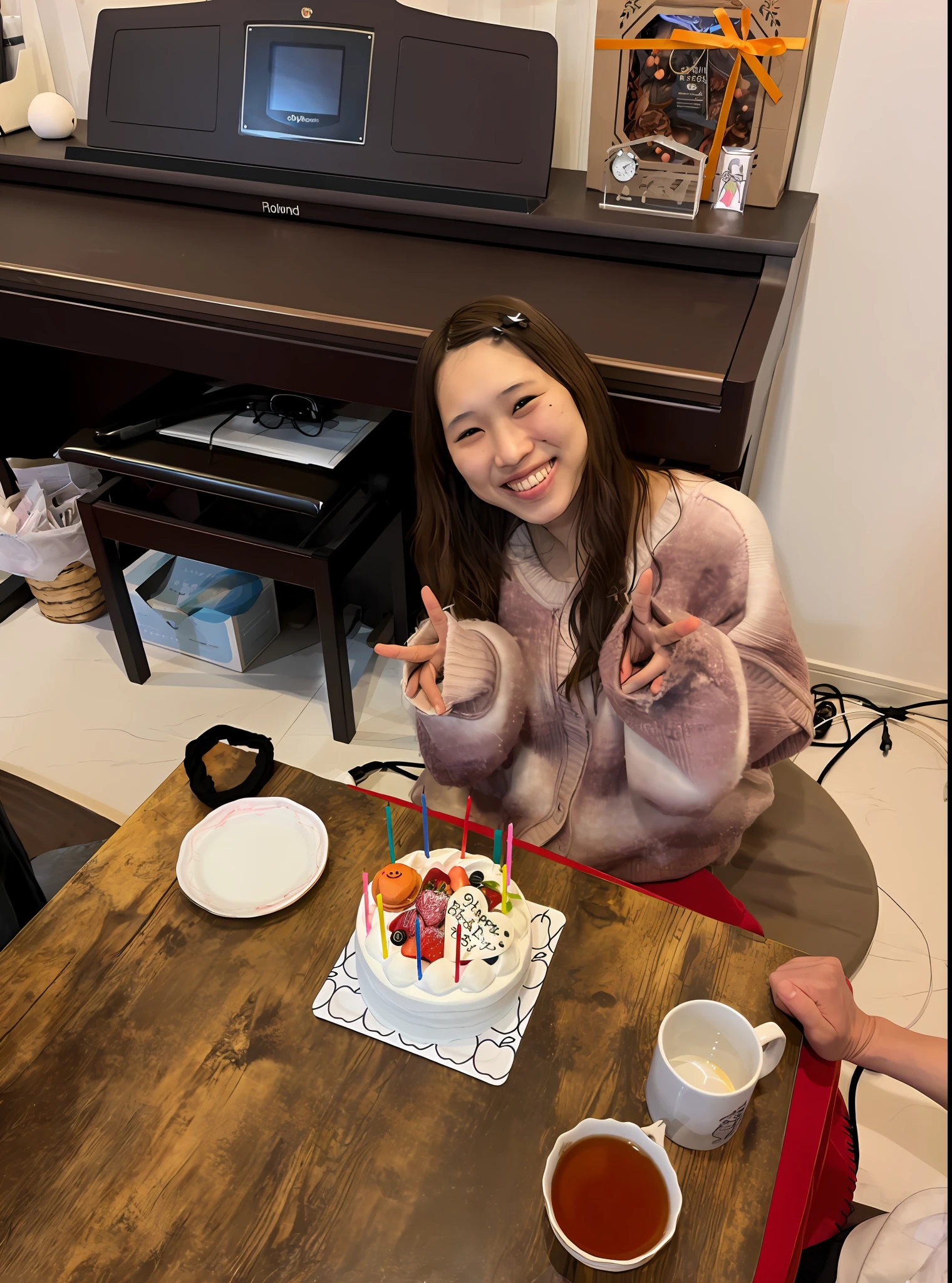 There is a woman sitting at a table with cake and tea, holding a birthday cake, Celebrate a birthday, Birthday Cake, happy birthday, chiho, photograph taken in 2 0 2 0, She is 2 3, cake in hand, taken with sony alpha 9, 21 years old, Happy!!!, she is about 2 5 years old、Aimei、a blond