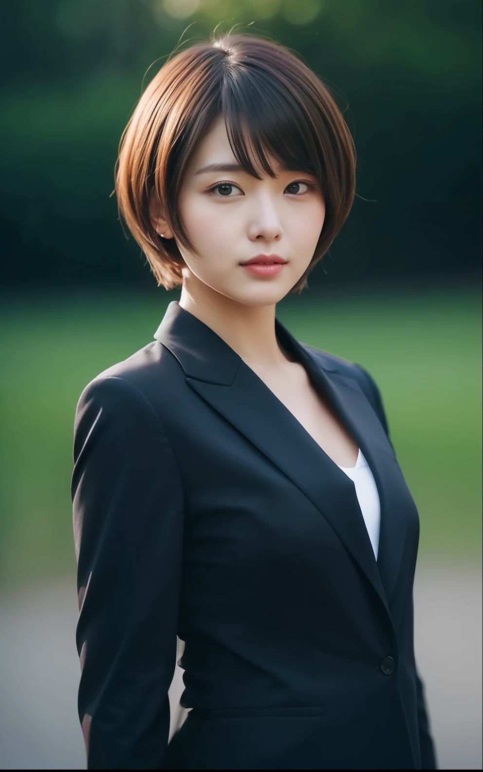 top-quality, masterpiece, Short-cut hairstyles 、Women in Japan、 beautiful countenance, (photographrealistic:1.3), Rim Lighting, (High Detail Skins:1.2), 8K UHD, Digital SLR, hightquality, hight resolution, 4K, 8K, ,Wearing a black formal blazer with a large open chest, middlebreast, a short skirt,Small face、Delicate figure