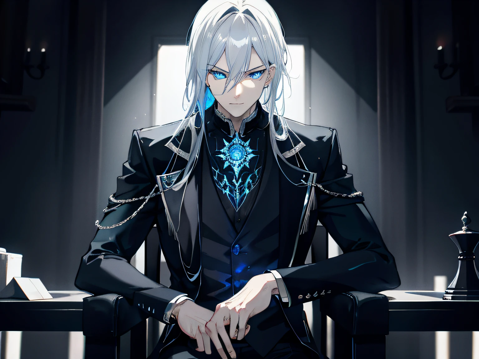 {[{{"Magnificent dark atmosphere, 4k artwork of man with gray hair and glowing blue eyes sitting on chessboard, Think about your next move."}]}}