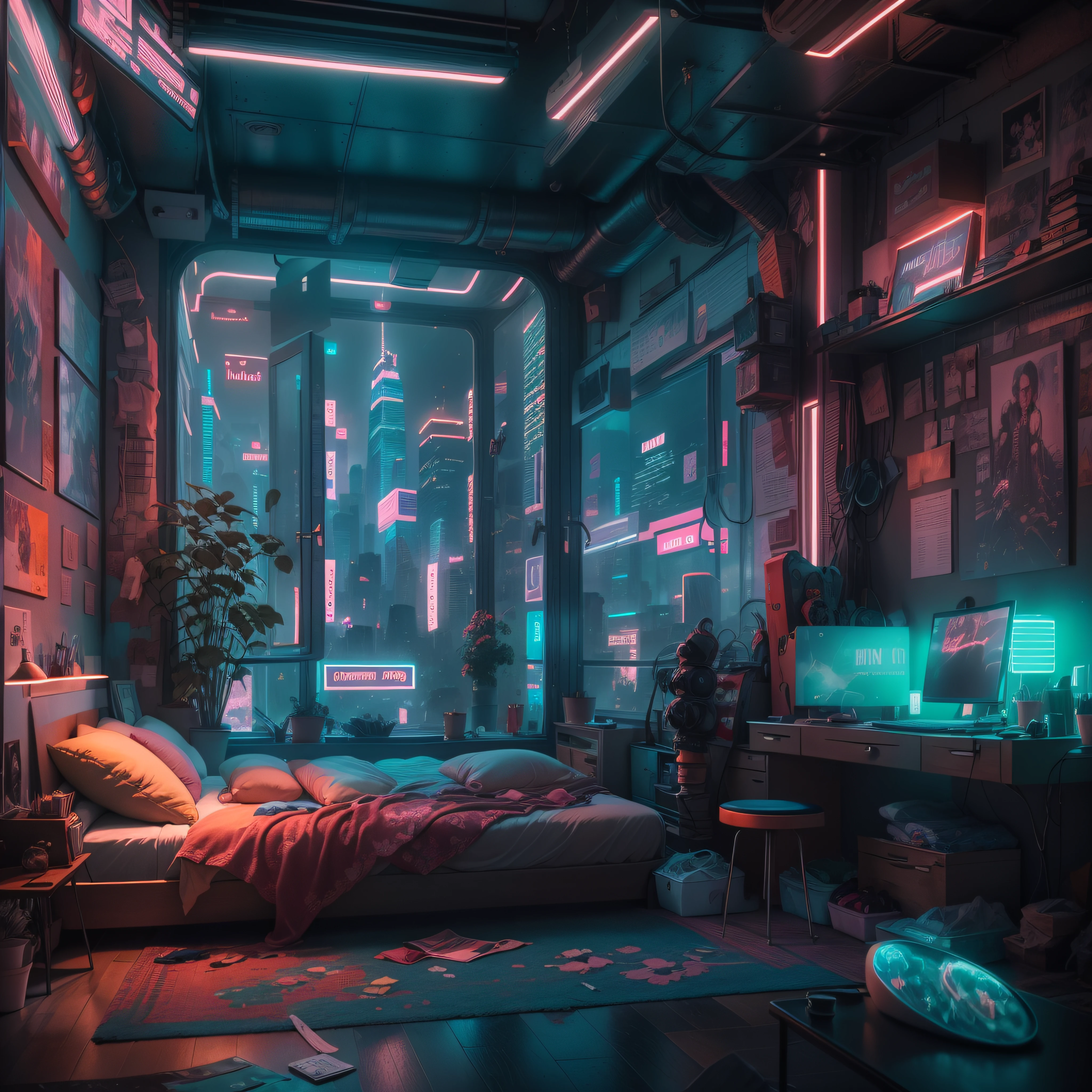 ((masterpiece)), (ultra-detailed), (intricate details), (high resolution CGI artwork 8k), Create an image of a retro futuristic cyberpunk bedroom. One of the walls should feature a big window with a busy, colorful, and detailed cyberpunk cityscape. Futuristic style with lots of colors and LED lights. The cityscape should be extremely detailed with depth of field. Utilize atmospheric lighting to create depth and evoke the feel of a busy futuristic city outside the window. Pay close attention to face details like intricate, hires eyes and bedroom accents. Camera: wide shot showing the room and the window. The window should be the focal point of the image. Lighting: use atmospheric and volumetric lighting to enhance the cityscape details. The room should be illuminated by the neon lights from the cityscape.