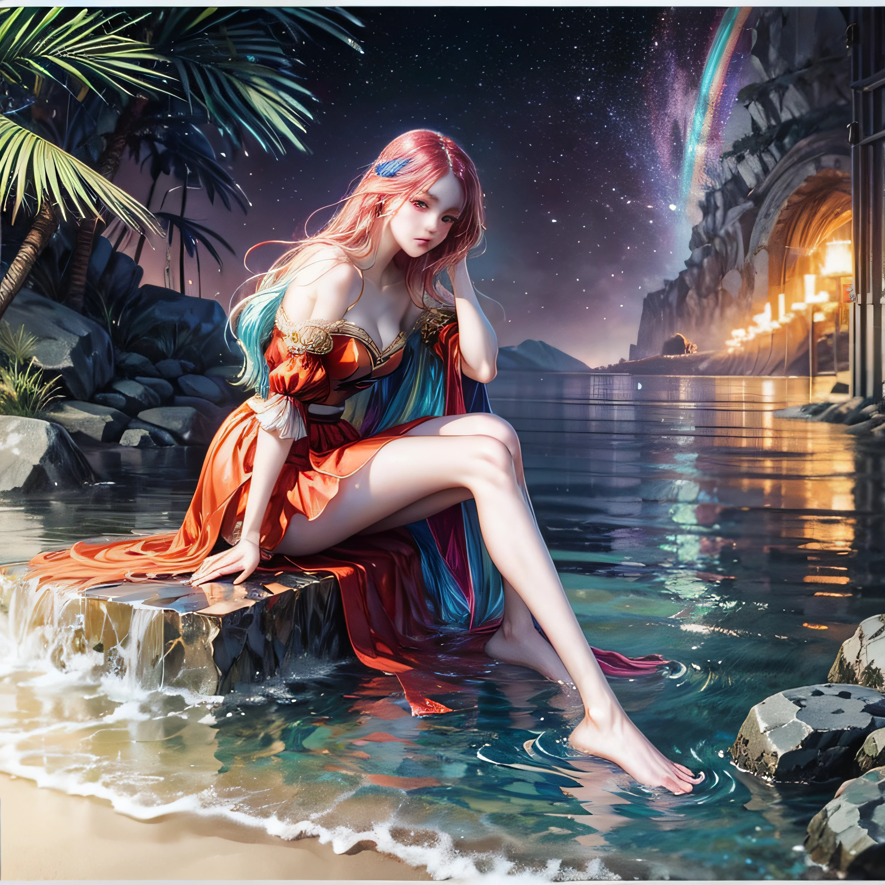 League of Legends Yaso ，Rainbow-colored hair，Melancholy red eyes，real photograph，Full body like，Background peaks ，messy  hair，slender leg，holding chin in hand，，long  skirt，streaming tears，the feet，sandbeach --auto