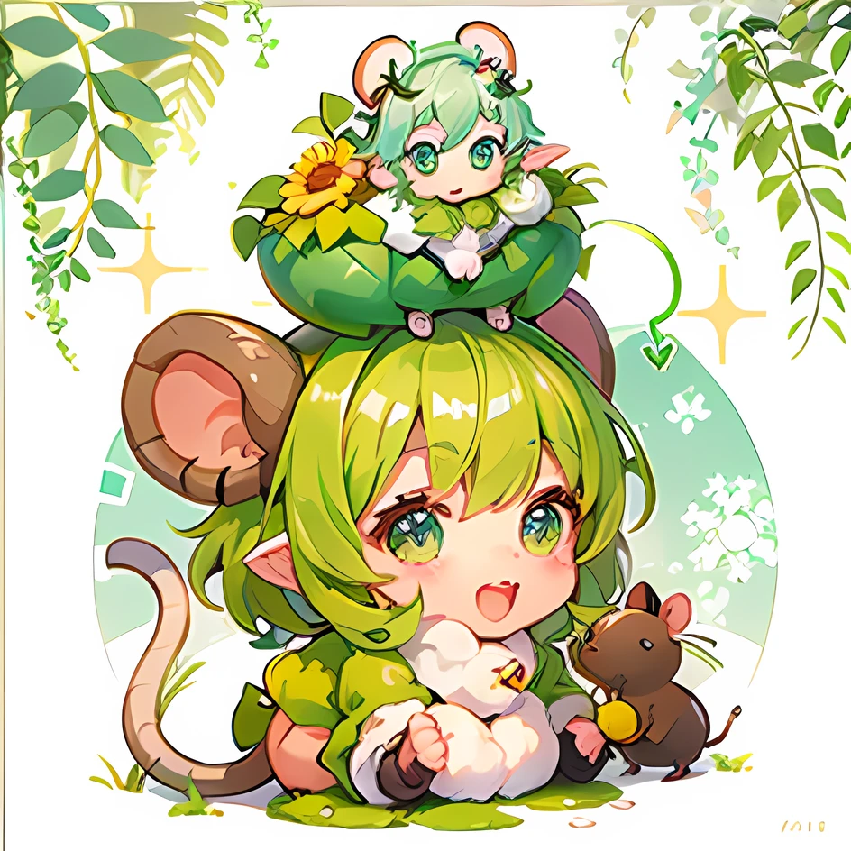Cute mouse，Little green sheep on the head