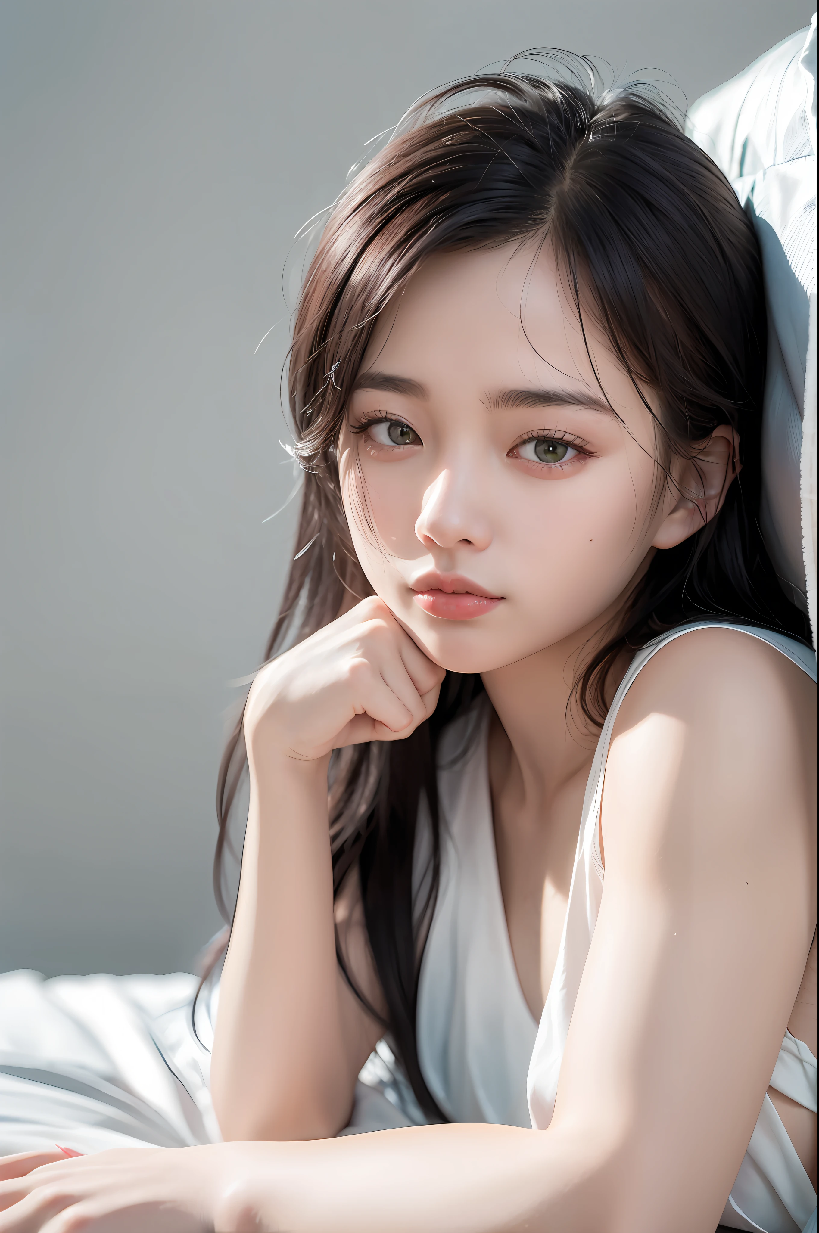 Nikon RAW photo,8 k, Fujifilm XT3,masterpiece, best quality, realistic, photorealistic, (lying on bed),(bed sheet),(Lie on the pillow),(smirk:1.1),best quality,(detailed facial features),(eyelashes:1.1),(depth of field:1.1), (chromatic aberration:1.1), (caustics:1.1), nvshen