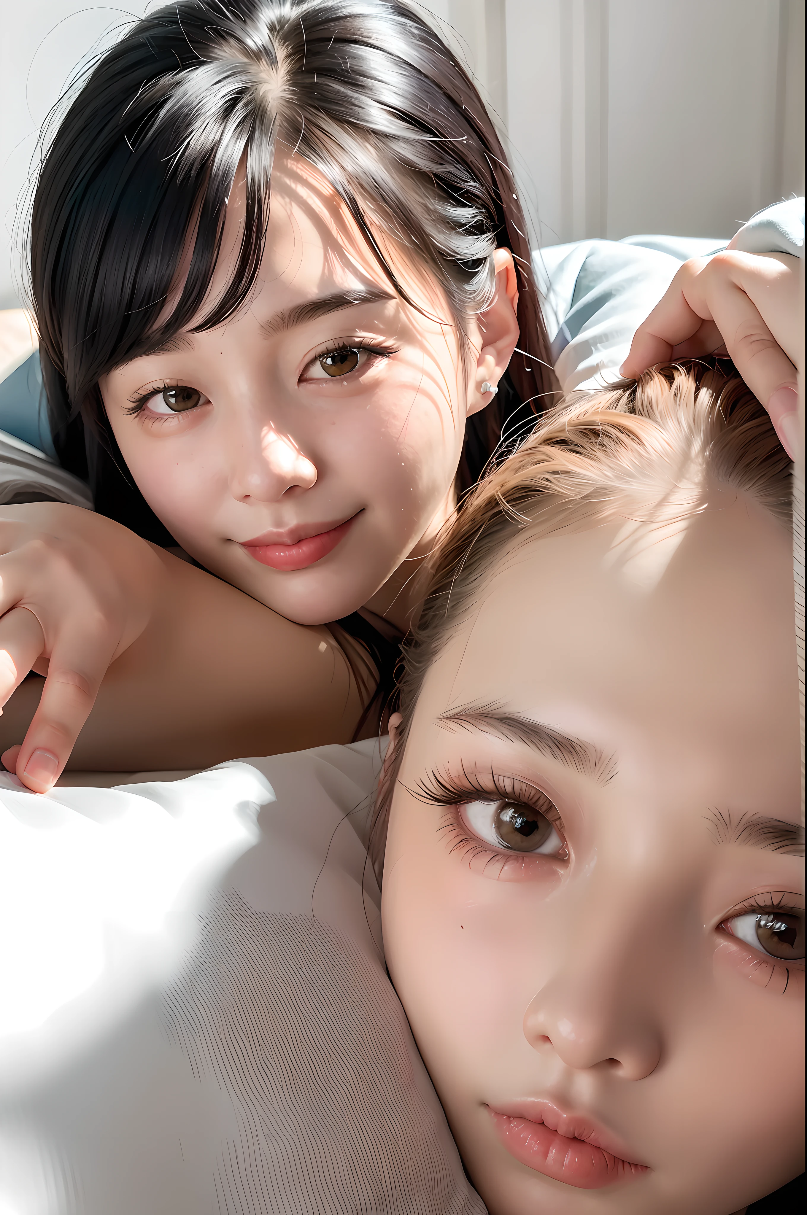 Nikon RAW photo,8 k, Fujifilm XT3,masterpiece, best quality, realistic, photorealistic, (lying on bed),(bed sheet),(Lie on the pillow),(smirk:1.1),best quality,(detailed facial features),(eyelashes:1.1),(depth of field:1.1), (chromatic aberration:1.1), (caustics:1.1), nvshen