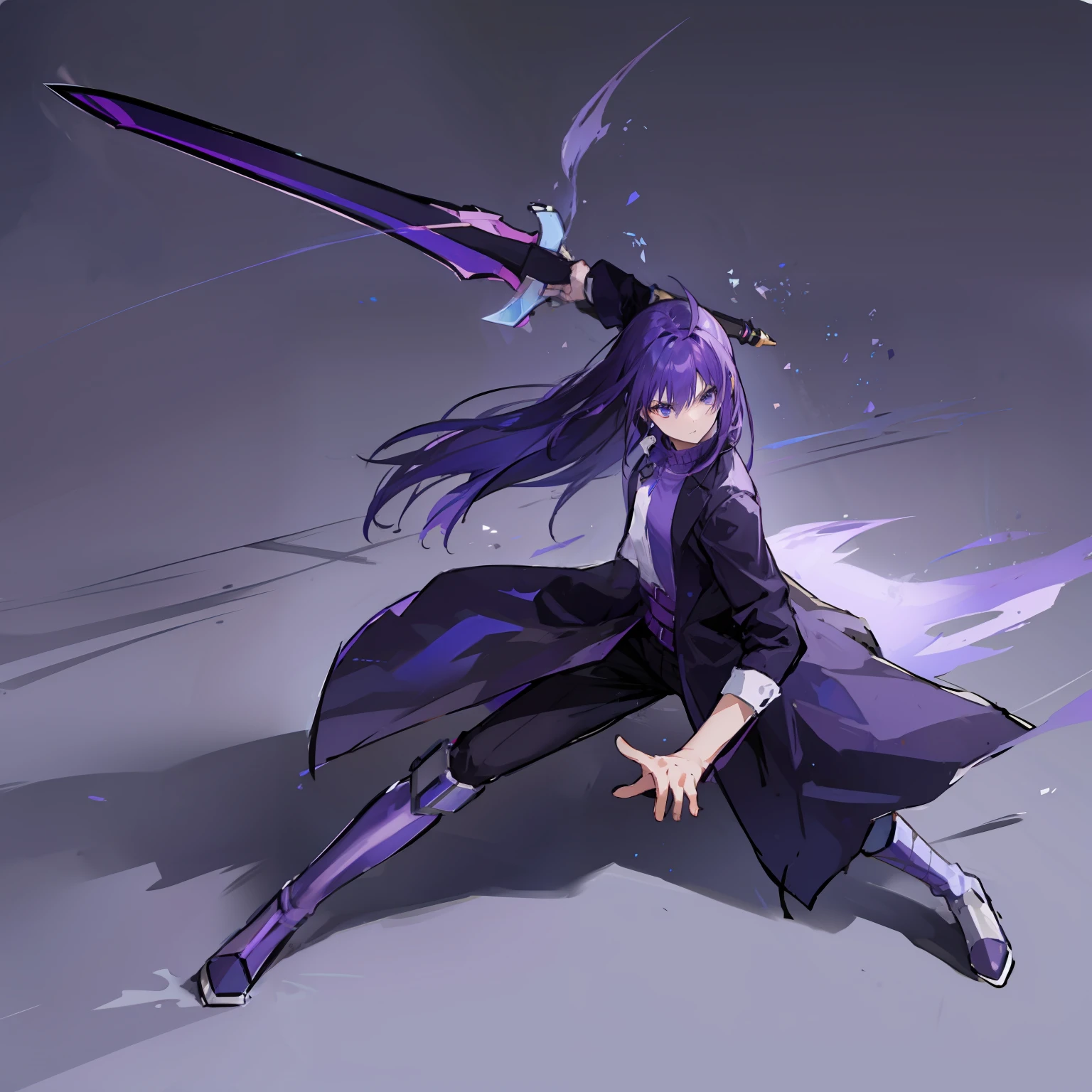 purple hair, Dressed in black, Blue Sword, Battle Scenes