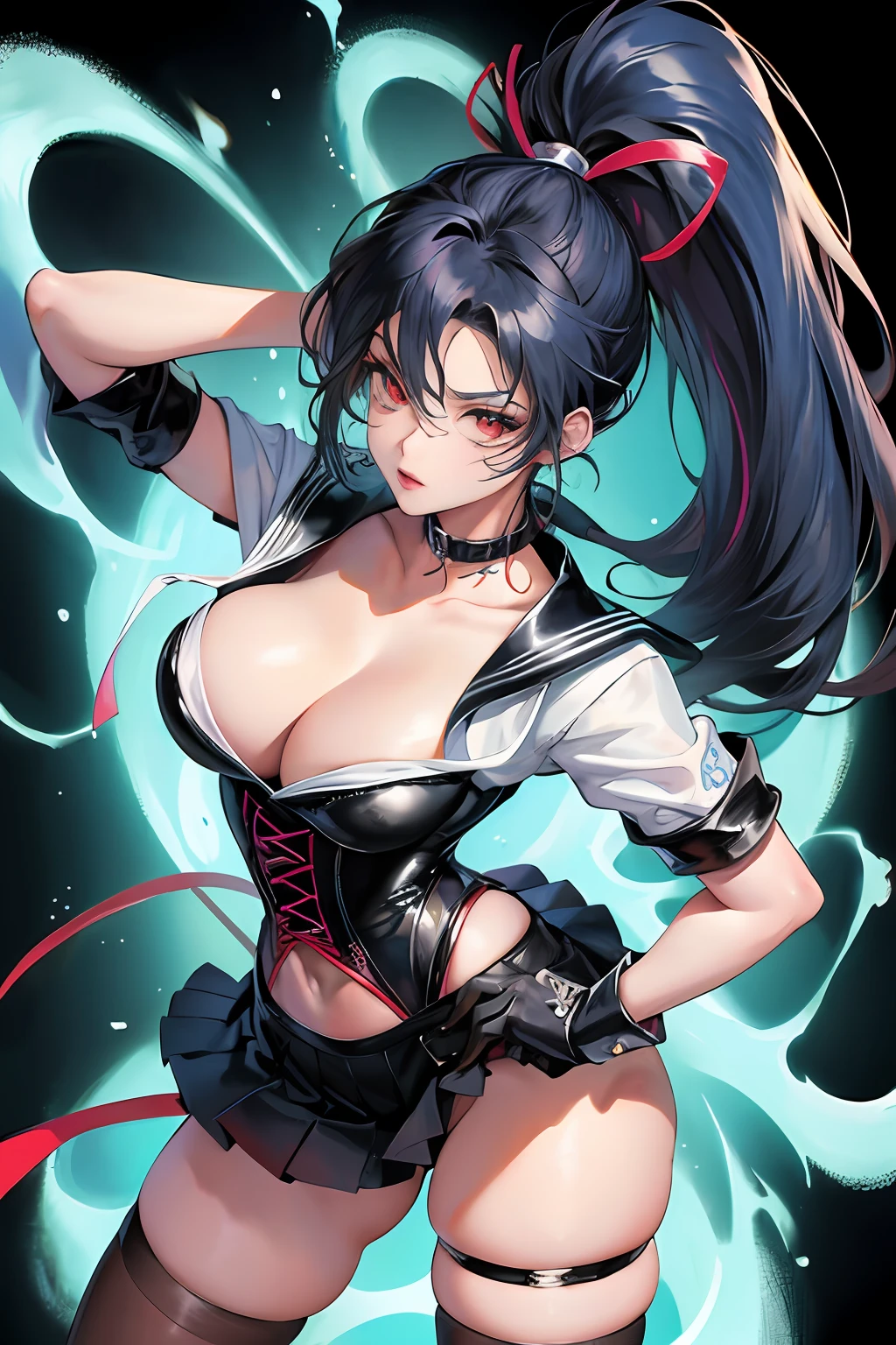 punk anime woman,airbrush painting style, retro game art ,black leather collar,pinup pose,black background,toshio Maeda style, medium breasts, hentai,anime woman, chrome corset,cleavage,blue hair in ponytail,oiled up skin,copic marker,red eyes,head tilted back,standing,sailor scout uniform,hands on hips, leaning forward