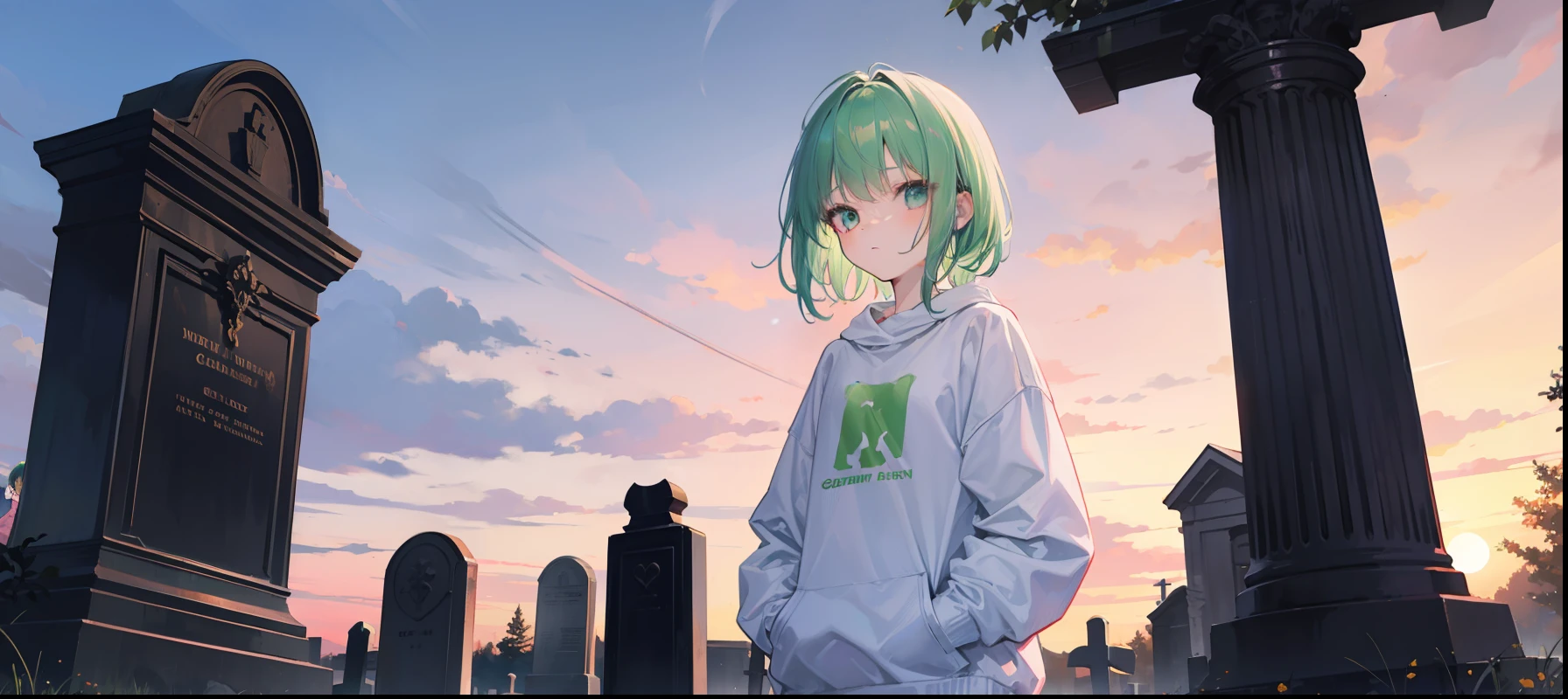 Dusk sunset,Light green hair,White sweatshirt girl,Stand in the cemetery