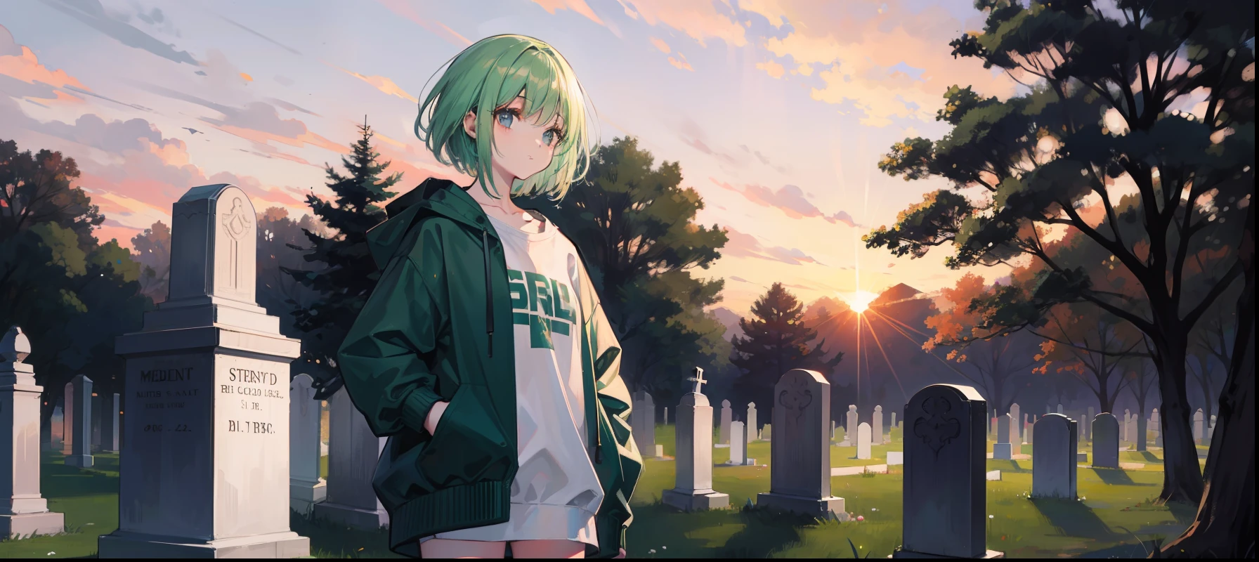 Dusk sunset,Light green hair,White sweatshirt girl,Stand in the cemetery