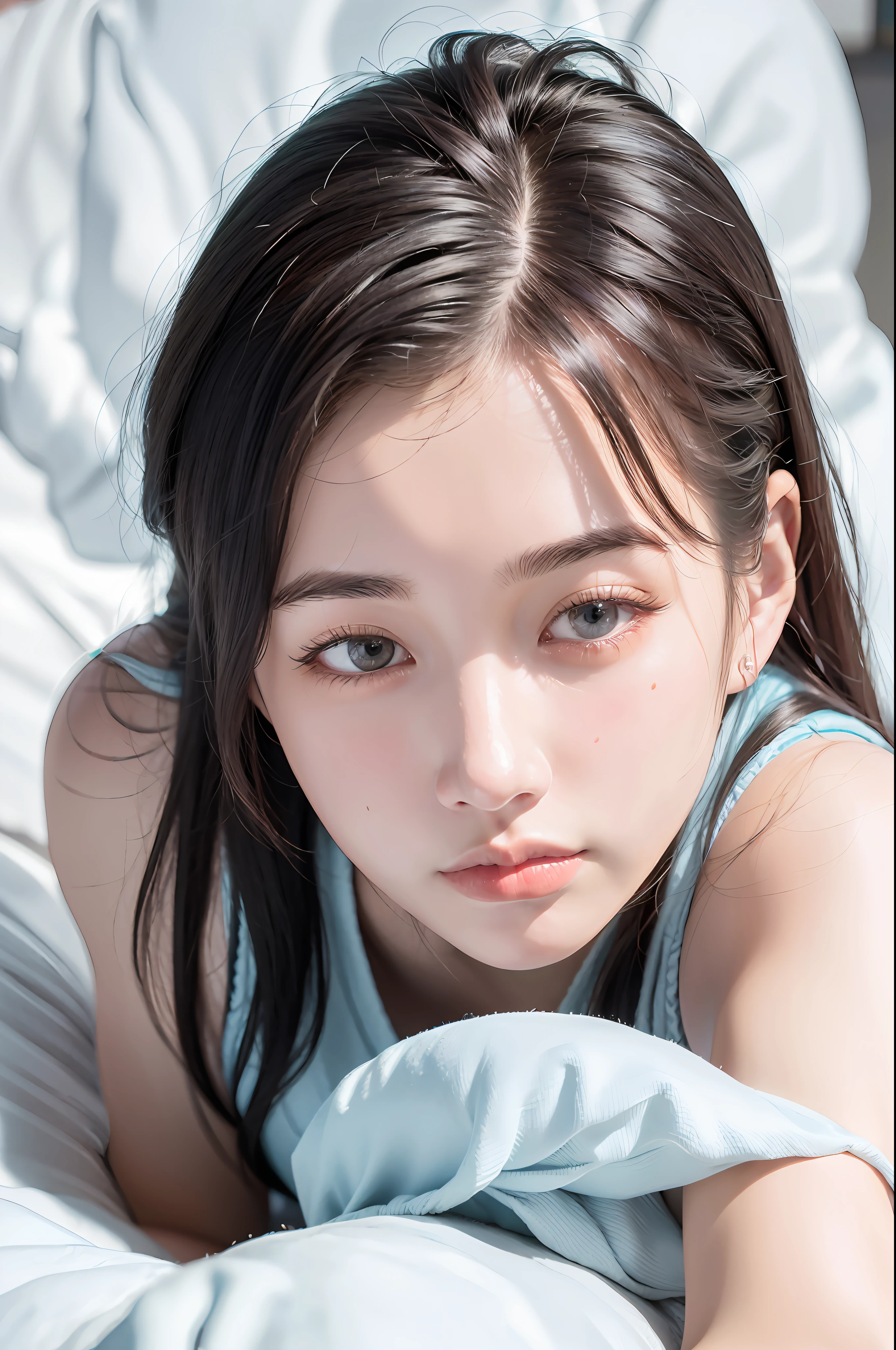 Nikon RAW photo,8 k, Fujifilm XT3,masterpiece, best quality, realistic, photorealistic, (lying on bed),(bed sheet),(Lie on the pillow),(smirk:1.1),best quality,(detailed facial features),(eyelashes:1.1),(depth of field:1.1), (chromatic aberration:1.1), (caustics:1.1), nvshen