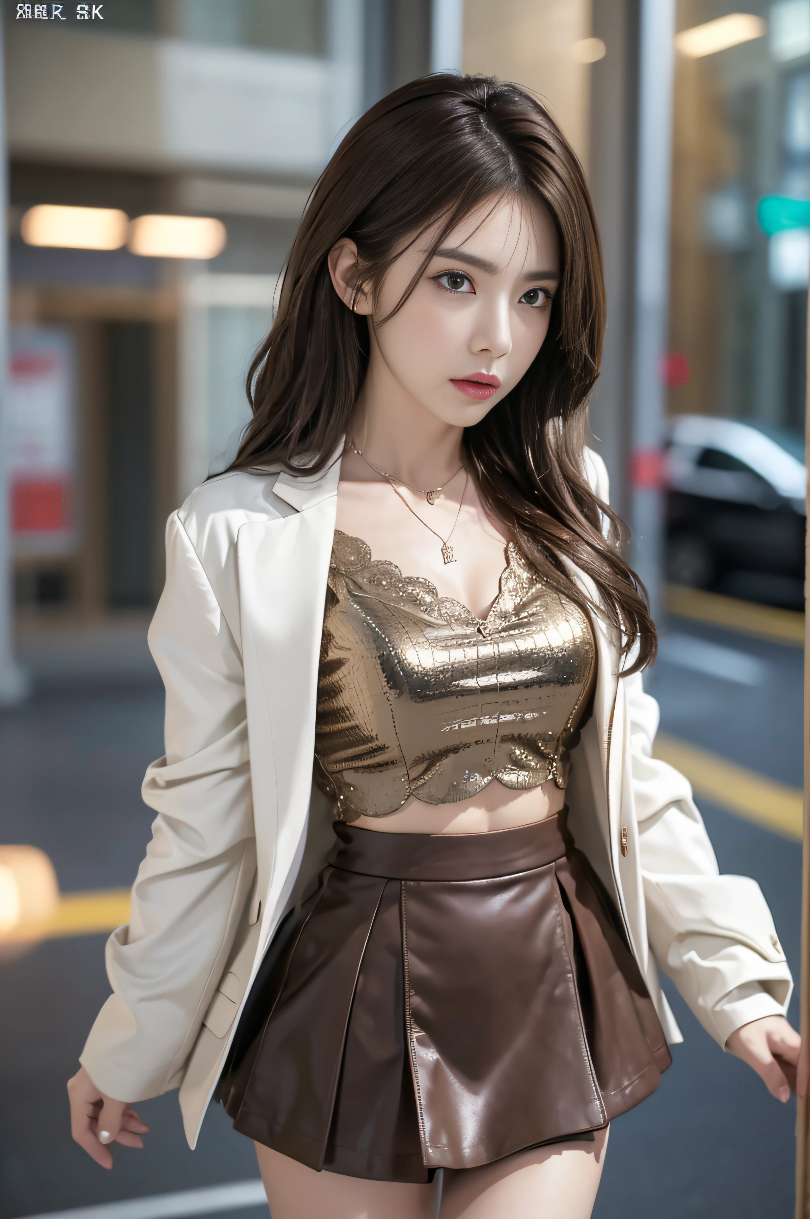 ((Realistic lighting、top-quality、8K、masterpiece:1.3))、Clear focus:1.2、girl with、perfectbodybeauty:1.4、Slim abs:1.1、((dark brown hair、Big:1.3))、(Acceleration:1.4)、Street、tall、Slender face、Narrow-eyes、二重まぶた、Swaying hair、Exposed cleavage、Luxury jackets、Super Miniskirt、a necklace、Navel Ejection、Expression of melancholy、