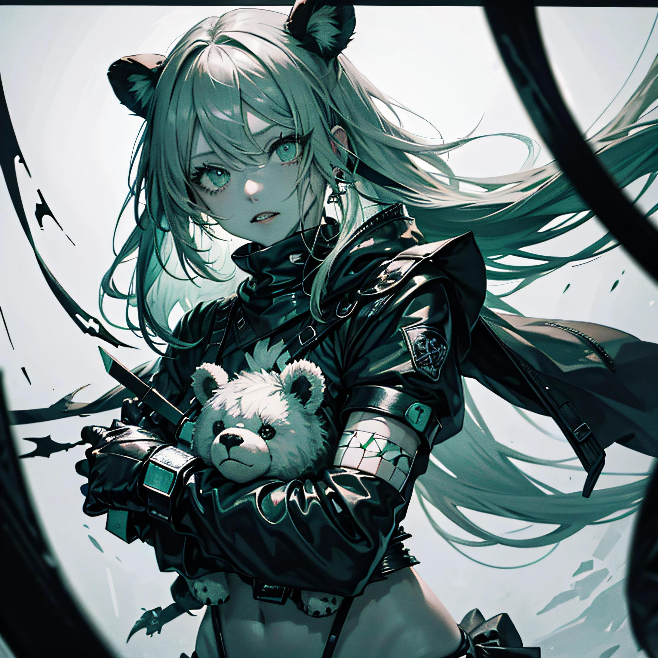 All black and white picture of an anime girl with mint green eyes only holding a black and white teddy bear with sharp teeth and bloody lips --auto