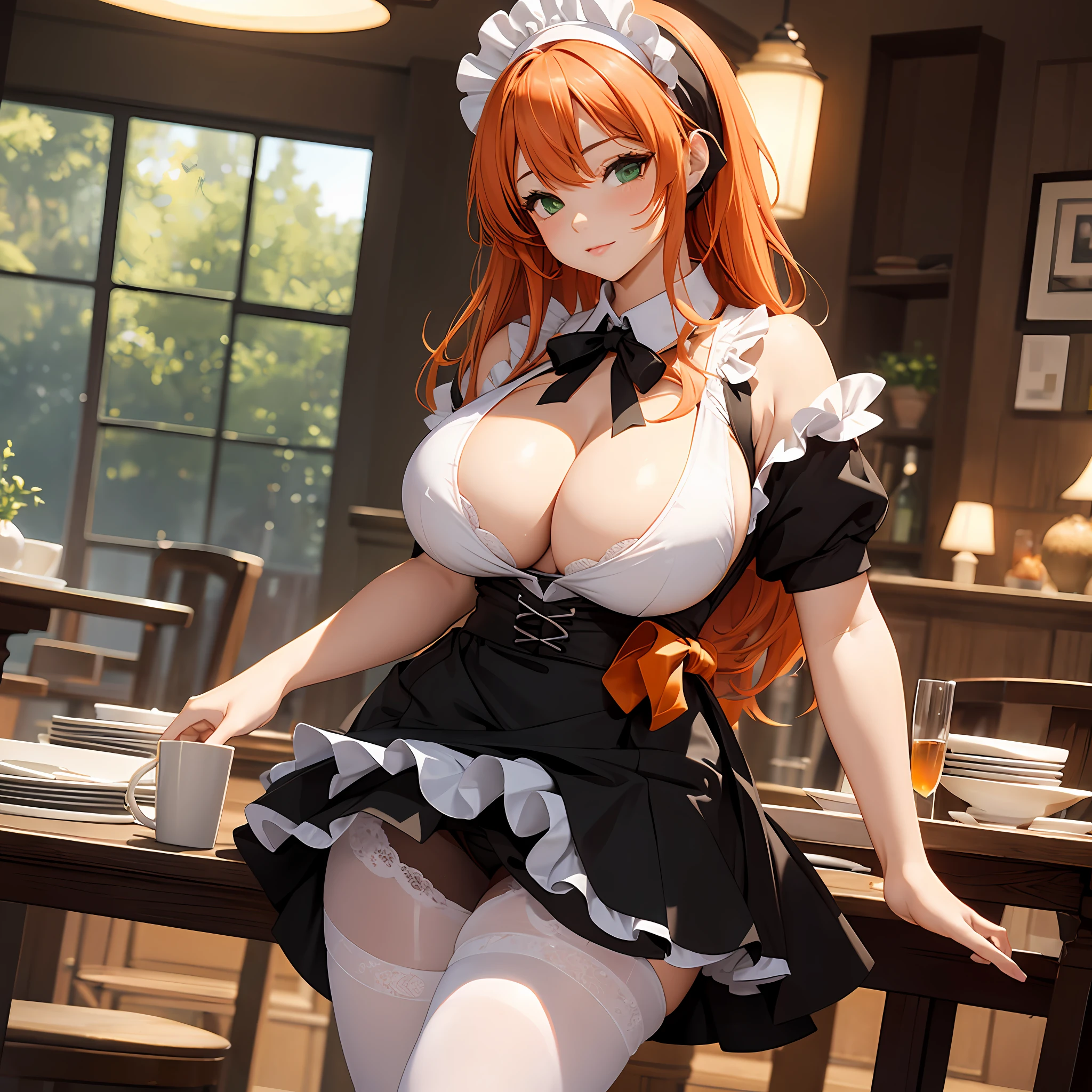 /draw ai_generated curvy_body curvy_female curvy_figure The average cup size female_only huge_breasts looking_at_viewer +maid solo_female solo_focus stable_diffusion waitress orange_hair green_eyes lifts the skirt showing black panties legs in pantyhose --auto