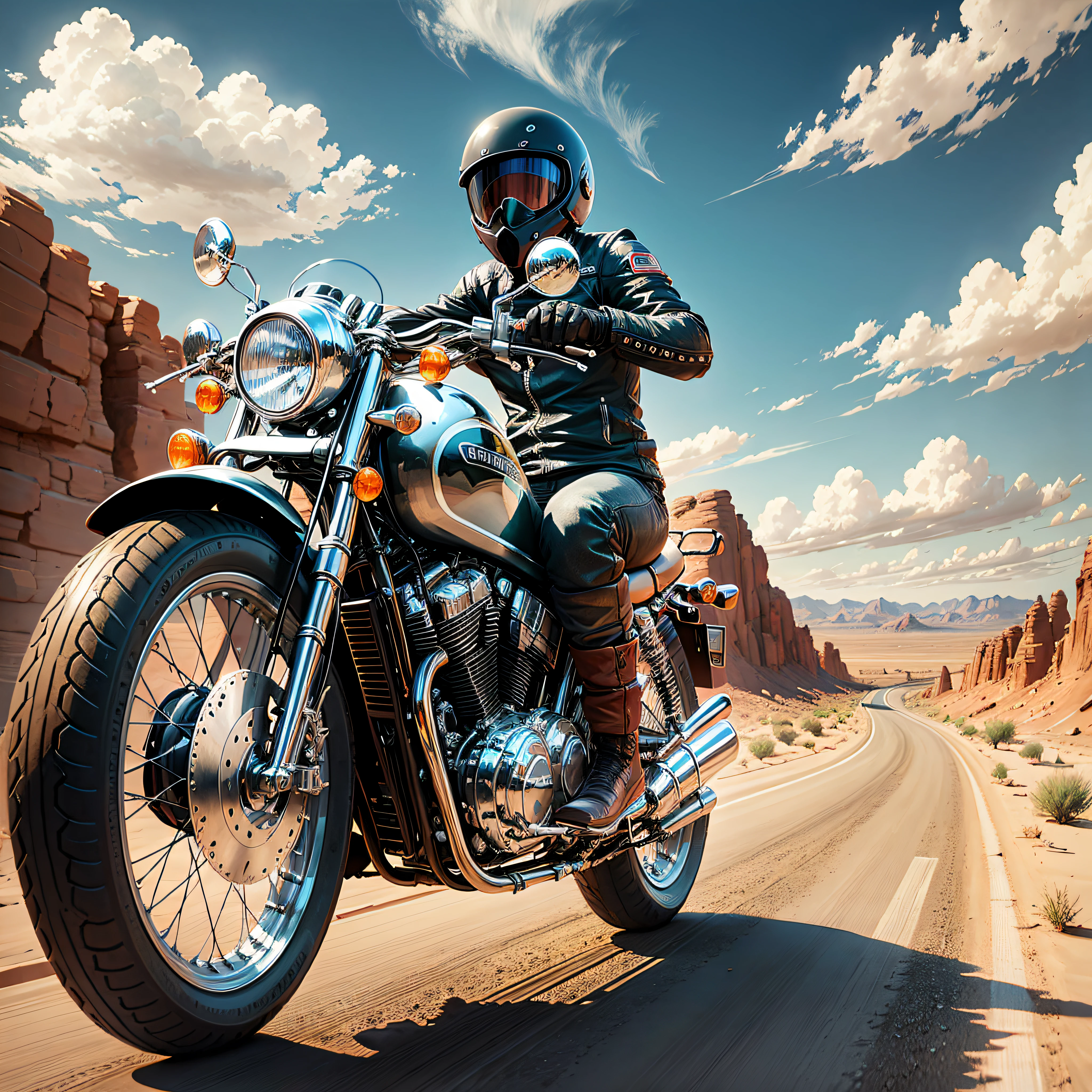 Biker on a Custon motorcycle on the paved desert road of the desert --auto --s2