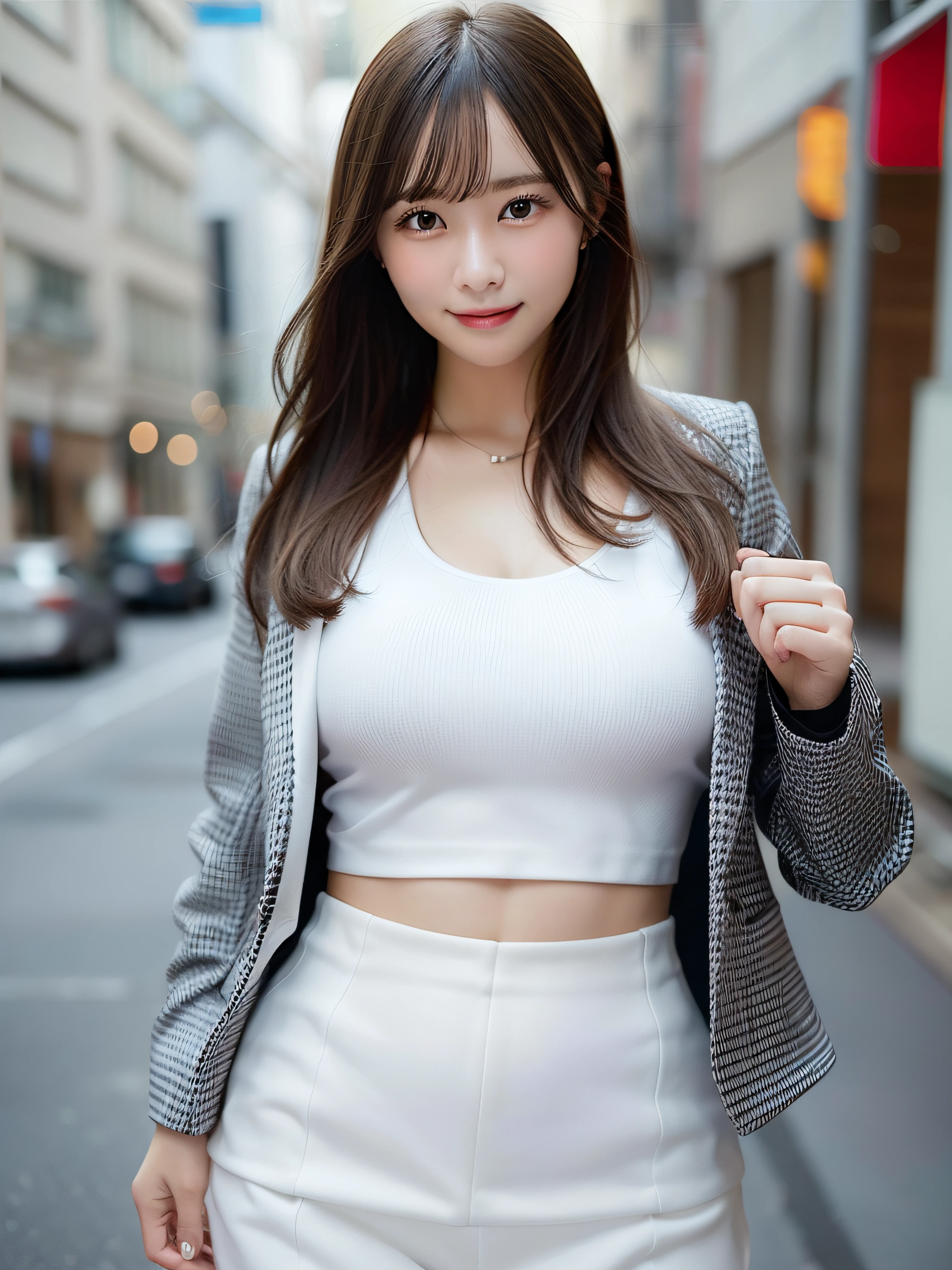 Woman in office casual、In the street、Jacket Suit、White Sports Bra、White skirt、fullllbody、top-quality、ultra-detailliert、超A high resolution、(Photorealsitic:1.8)、Saika 1、Erotic face、looking at the viewers、a smile、natural soft light、huge tit