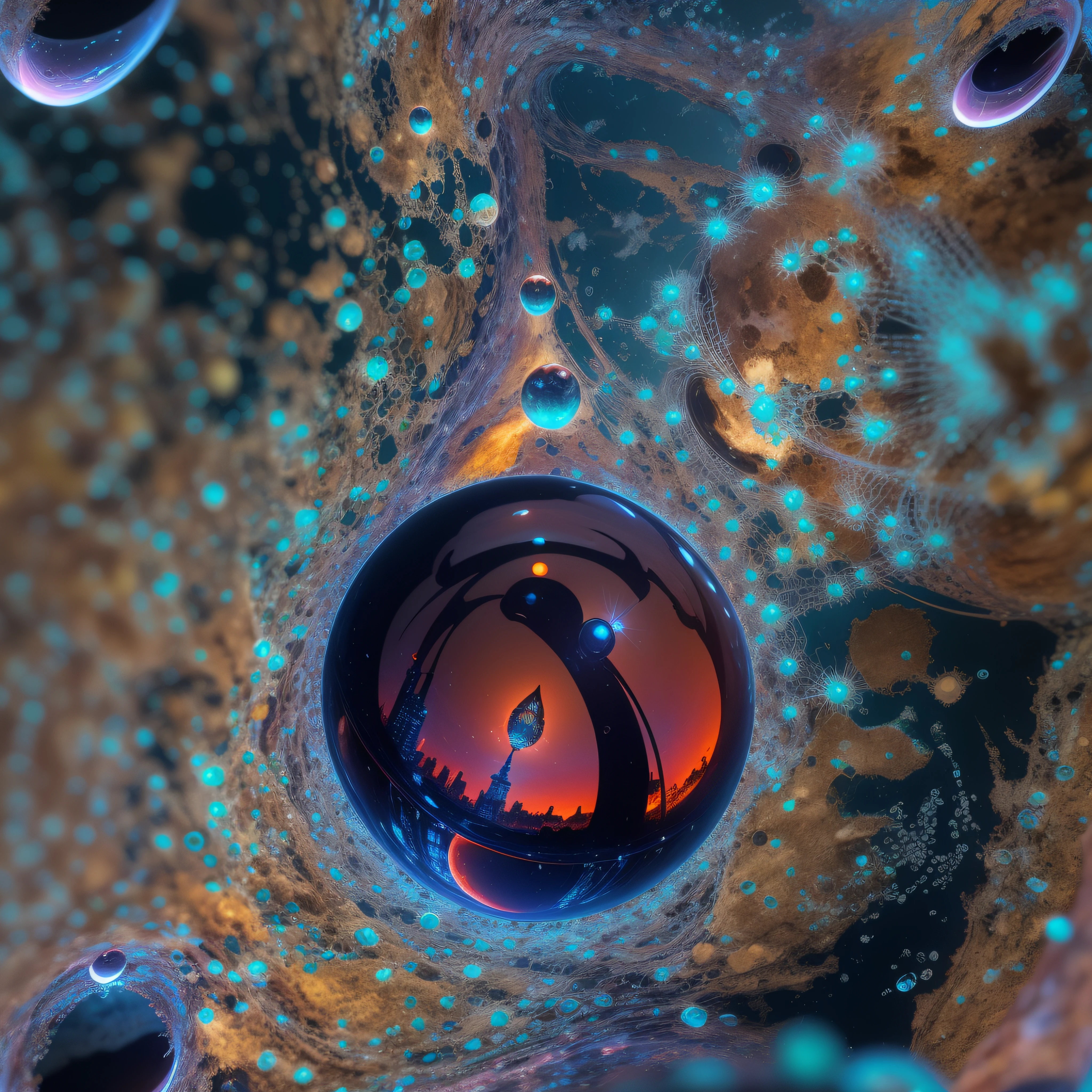 macro photography, Image of Earth as seen from outer space, inside a water drop, droste effect photography, surreal photography, 3d, bright bold colors, bioluminescence