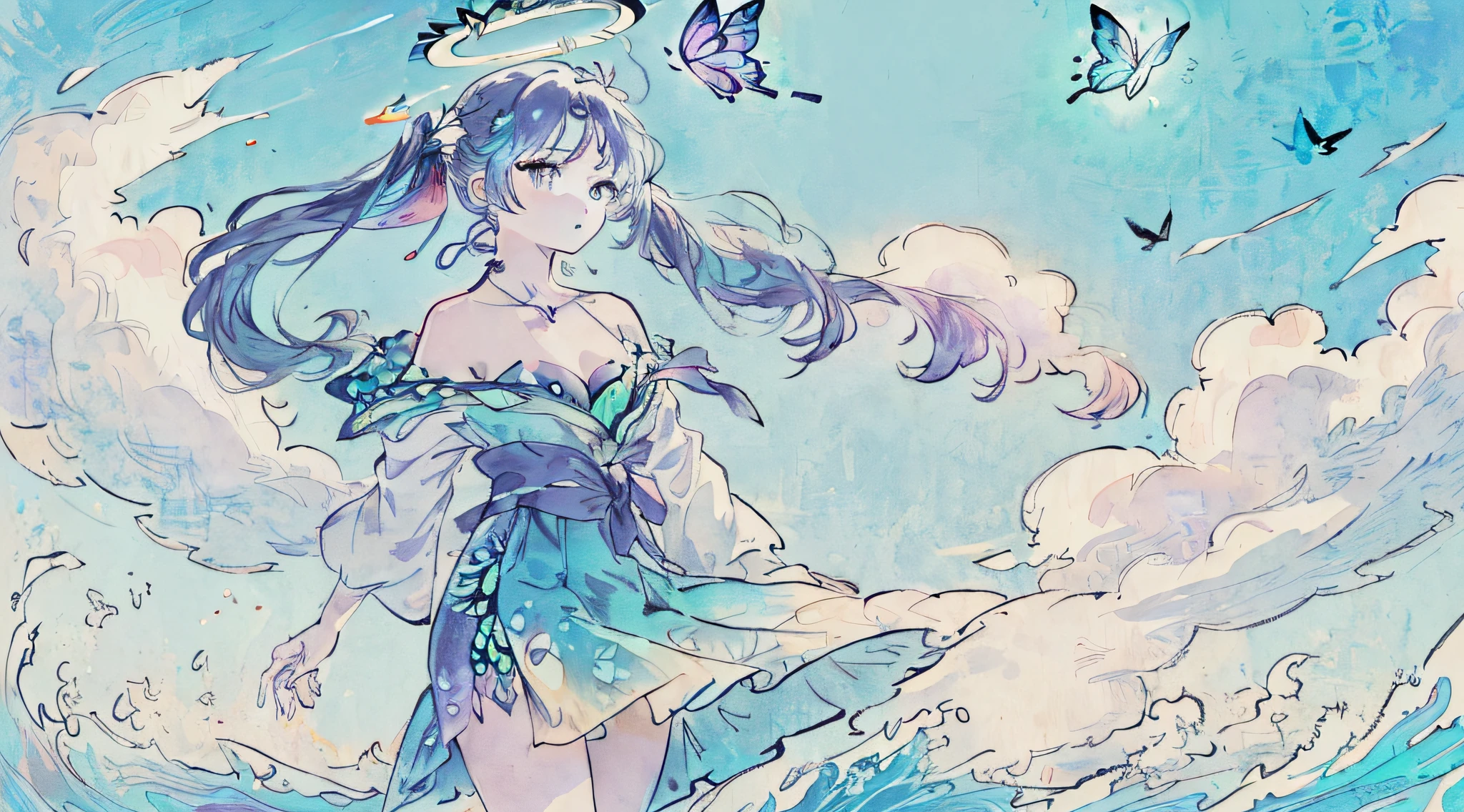(Highest picture quality),(Master's work), (ultra-detailed),(Detailed eye description:1.2),(floating colorful wind:1.4),(manny colorful butterfly:1.3),(clouds sea),(cleavage),a girl dress,(medium breasts),(thigh bands),(high twintails),the portrait is centered,(close-up:1.2),(looking to the side:1.3), (halo:1.3)