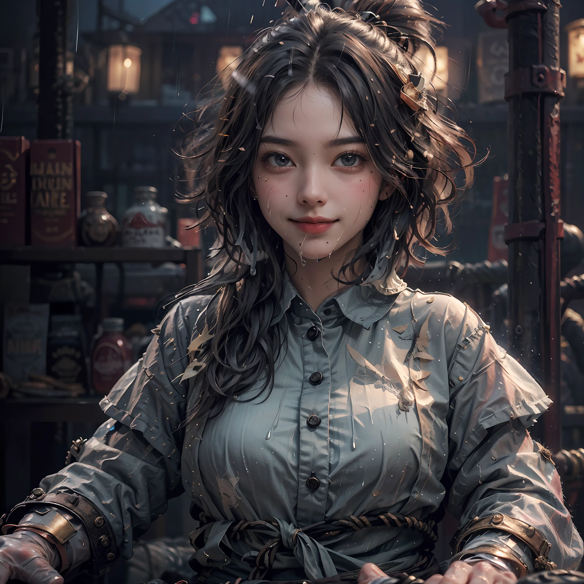 (8K, Best Quality, Masterpiece: 1.2), (Realistic, Photorealistic: 1.37), Ultra Detailed, 1 Girl, Cute, Solo, Beautiful Details, Sky, Details, Office, Night, Sitting, (Blushing), (Smile: 1.15), (Closed Mouth), Middle Chest, Beautiful Detailed Eyes, (Shirt with Collar: 1.1), Night, Wet, Business Clothes, Rain, (Short Hair: 1.2), pureerosface_ v1, computer, detail finger, beautiful detail face, --auto