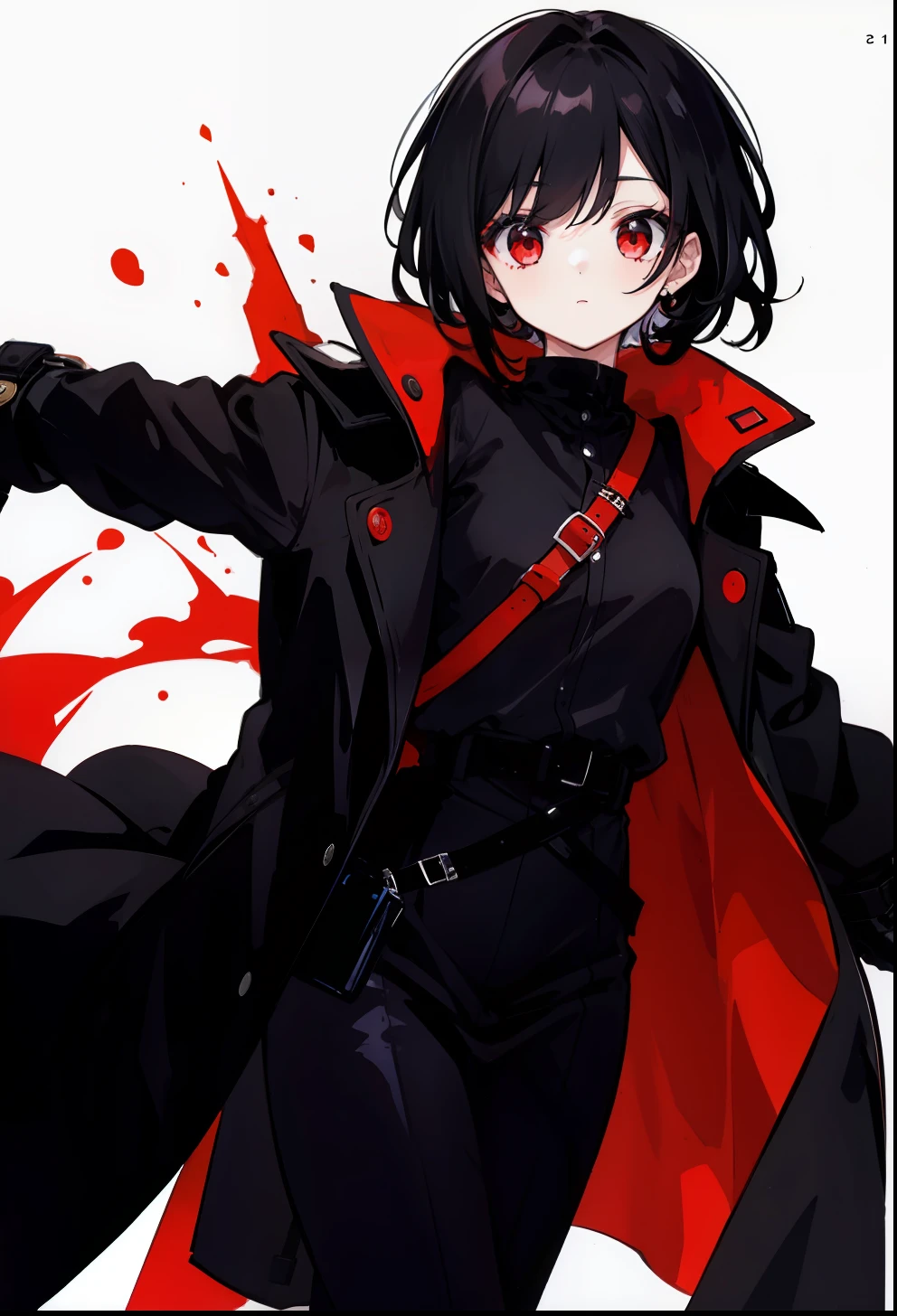 1 Female, Black hair, trench coat, Red Eyes