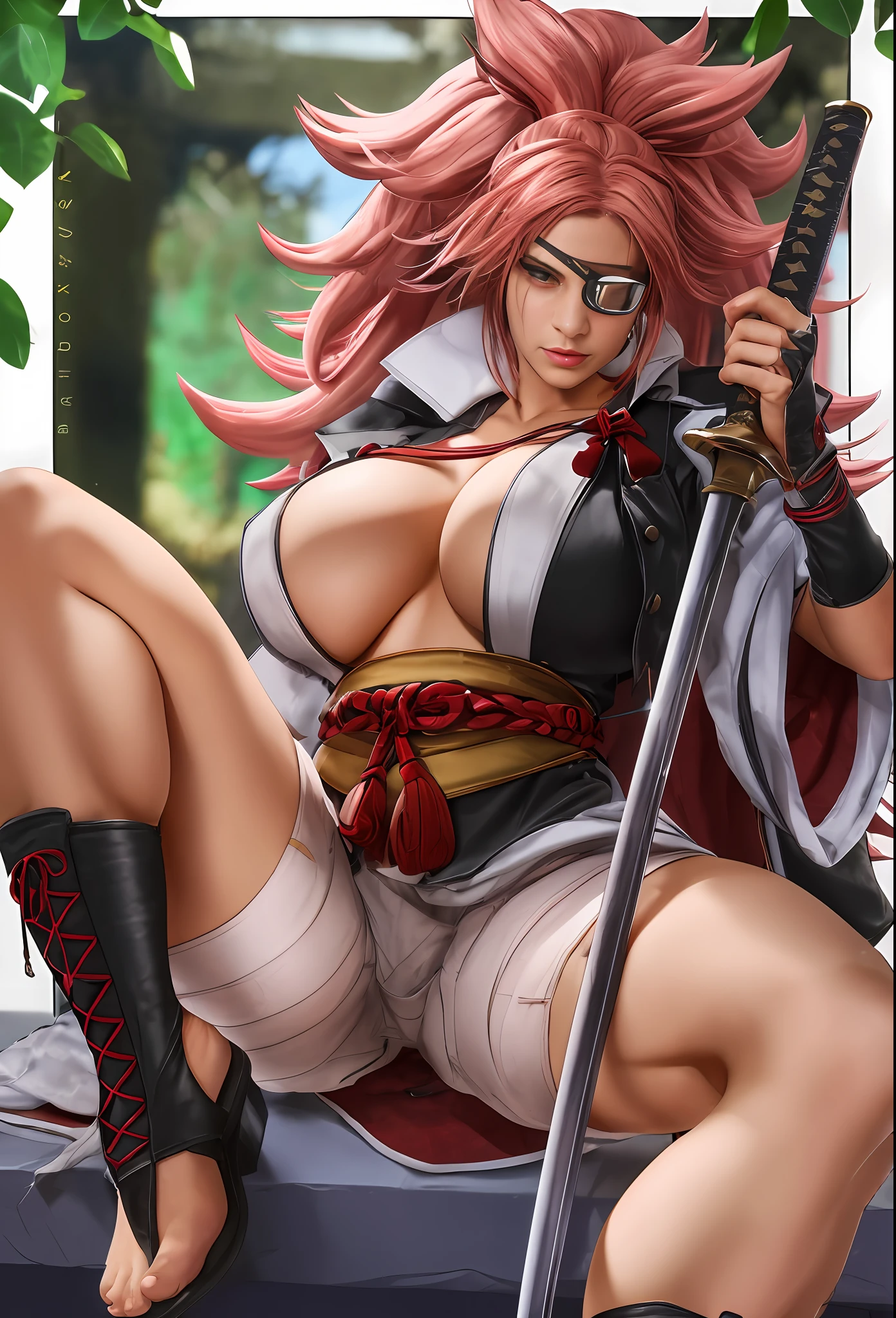 Real department，Real Human，photorealestic，high qulity，Photorealistic，big assa,The real material of the clothes，realskin， Blindfolds，Real human skin，katana swords，Real-world scenarios