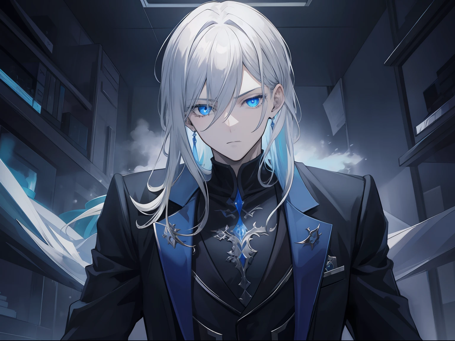 {[{{"Magnificent dark atmosphere, 4k artwork of man with gray hair and glowing blue eyes sitting on chessboard, Think about your next move."}]}}