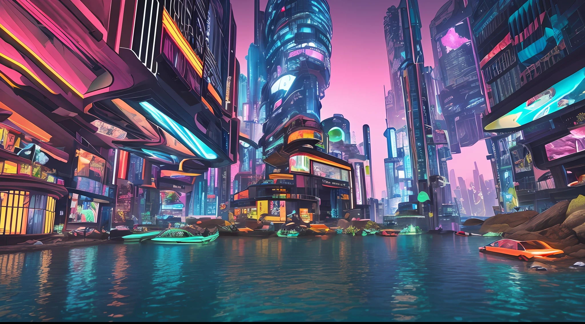 A futuristic，ocean floor，Cyberpunk high-rise building，（Futuristic city landscape）|（paisagem de fantasia），（Colorful lights：1.2+neonlight），（pastel colored）|（Tenacious realism），immersiveatmosphere。Undersea rocks，Sand，Broken coral reefs，tropical fishes，Ultra photo realsisim, 8K, Epic composition, Cinematic, art  stations