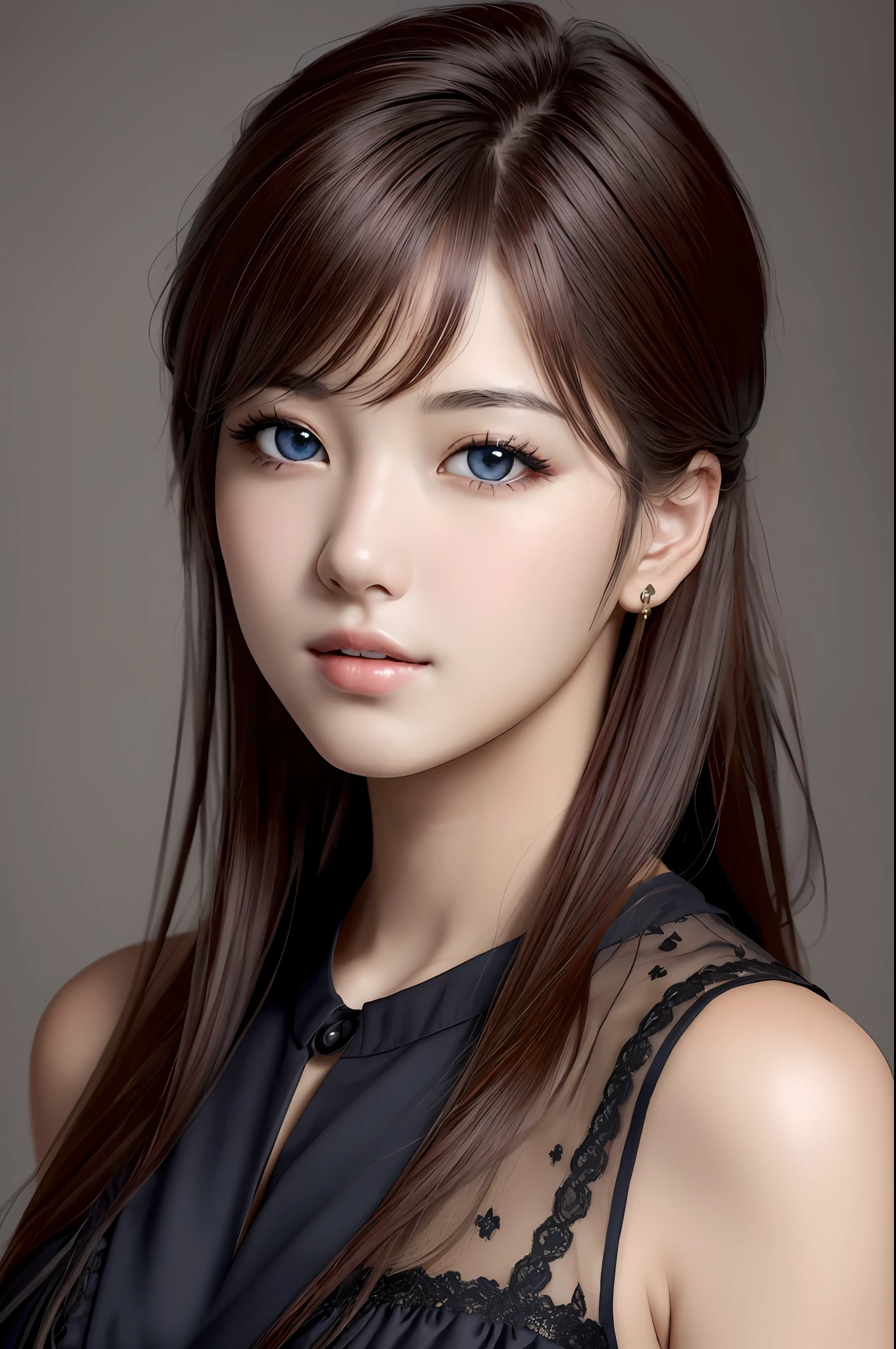 1girl, (realistic:1.4), (pixiv:1.3), perfect illumination, distinct, (bishoujo:1.2), unreal engine, sidelighting, perfect face, detailed face, beautiful eyes, pretty face, (bright skin:1.2), idol, ulzzang-6500-v1.1, soft smile, upper body, dark red hair, (simple background), ((dark background)), (depth of field)