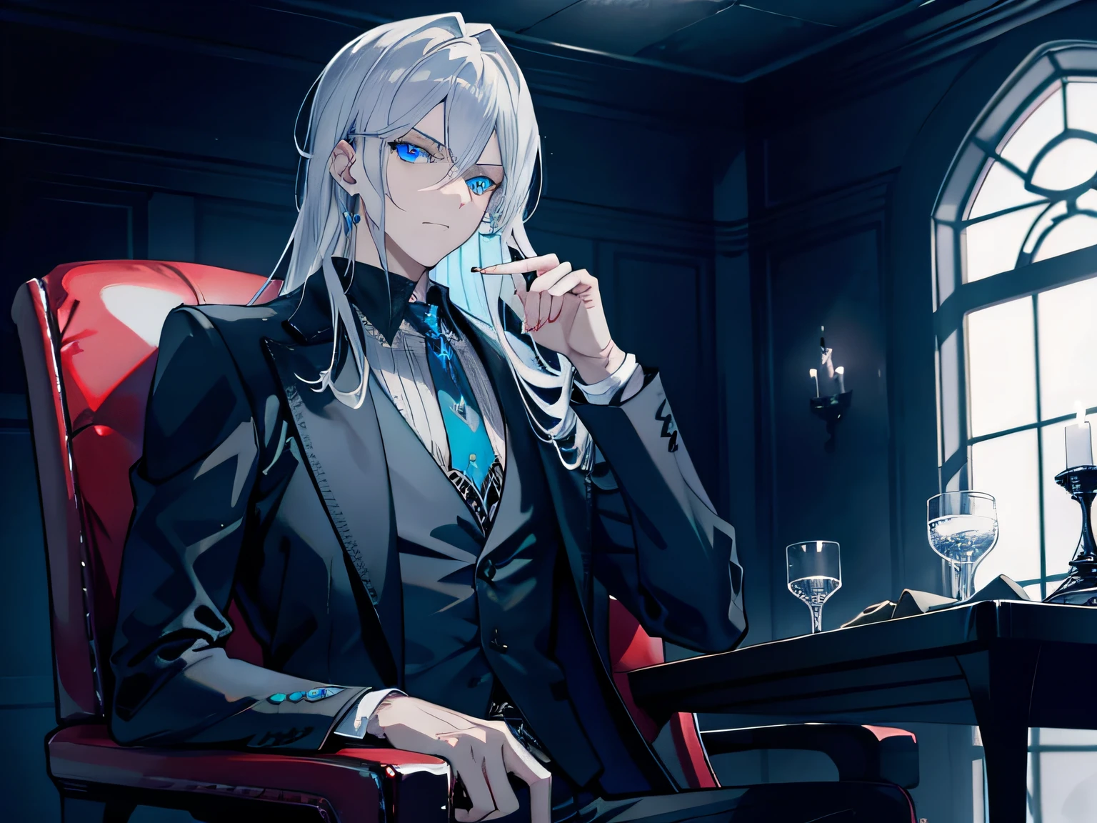 {[{{"Magnificent dark atmosphere, 4k artwork of man with gray hair and glowing blue eyes sitting on chessboard, Think about your next move."}]}}