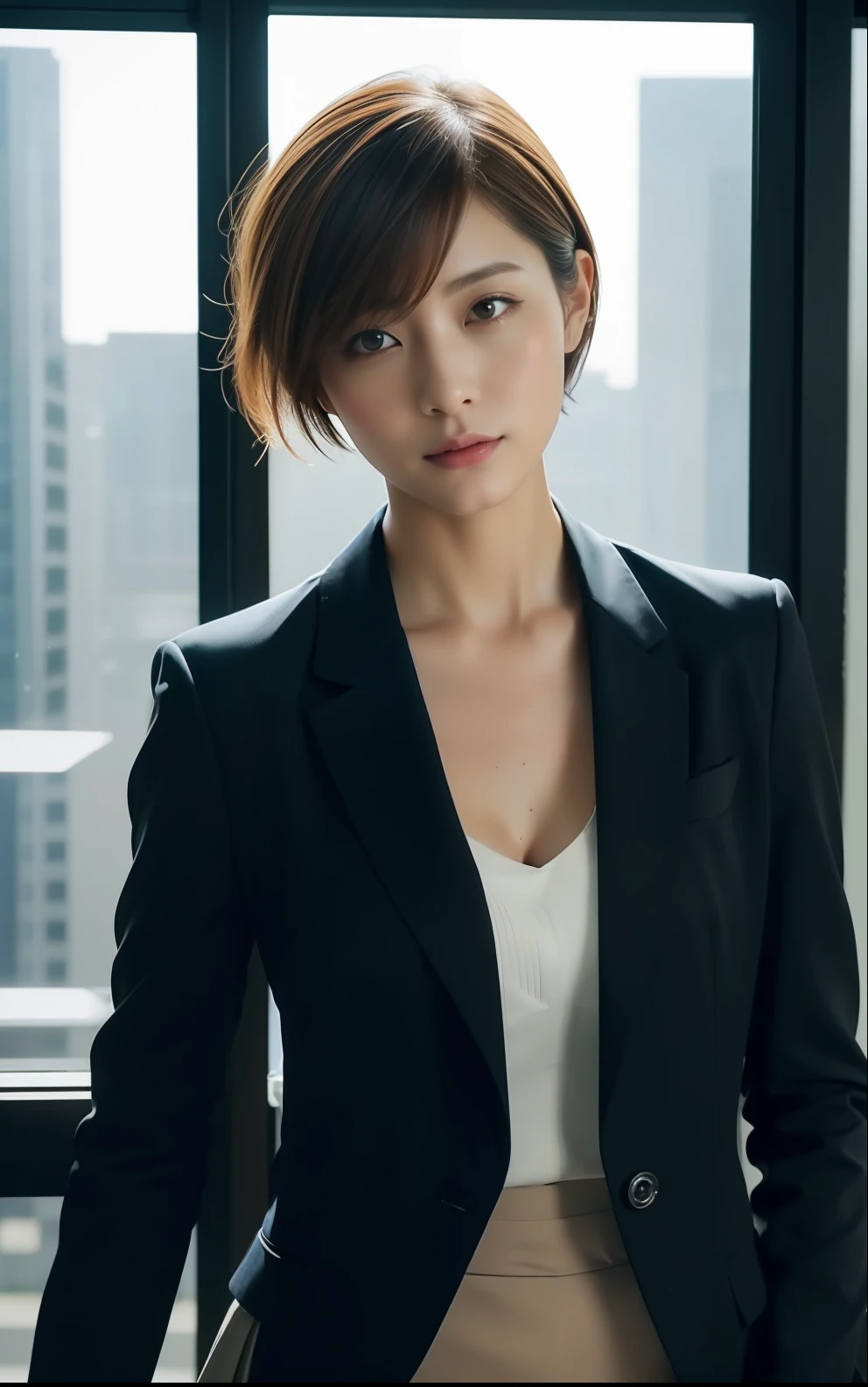 top-quality, ​masterpiece, Short-cut hairstyles 、Autumn Japan cityscape、Women in Japan、 beautiful countenance, (photographrealistic:1.3), Rim Lighting, (High Detail Skins:1.2), 8K、 hightquality, hight resolution, 4K, 8K, ,Wearing a formal blazer with a large open chest, middlebreast, a short skirt,Small face、Delicate figure