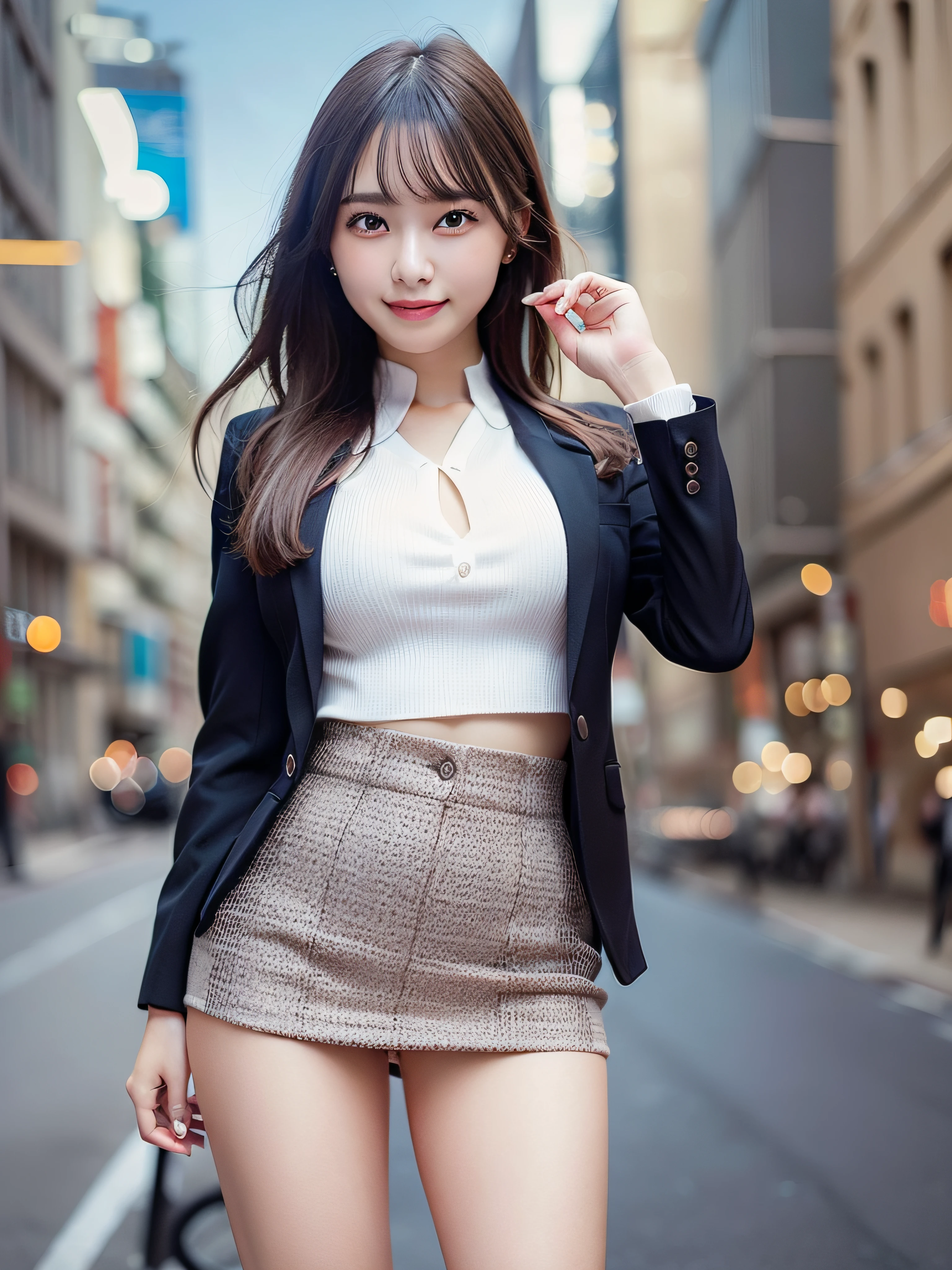 Woman in office casual、In the street、Jacket Suit、tight skirts、opening legs、Panchira、fullllbody、top-quality、ultra-detailliert、超A high resolution、(Photorealsitic:1.8)、Saika 1、Erotic face、looking at the viewers、a smile、natural soft light、huge tit