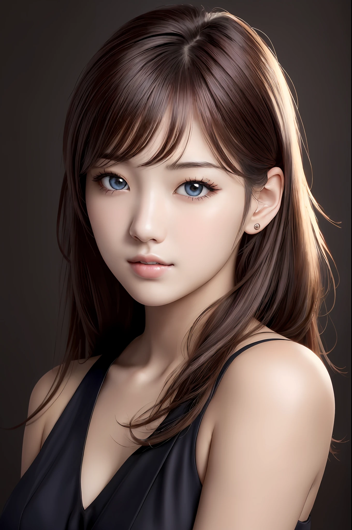 1girl, (realistic:1.4), (pixiv:1.3), perfect illumination, distinct, (bishoujo:1.2), unreal engine, sidelighting, perfect face, detailed face, beautiful eyes, pretty face, (bright skin:1.2), idol, ulzzang-6500-v1.1, soft smile, upper body, dark red hair, (simple background), ((dark background)), (depth of field)