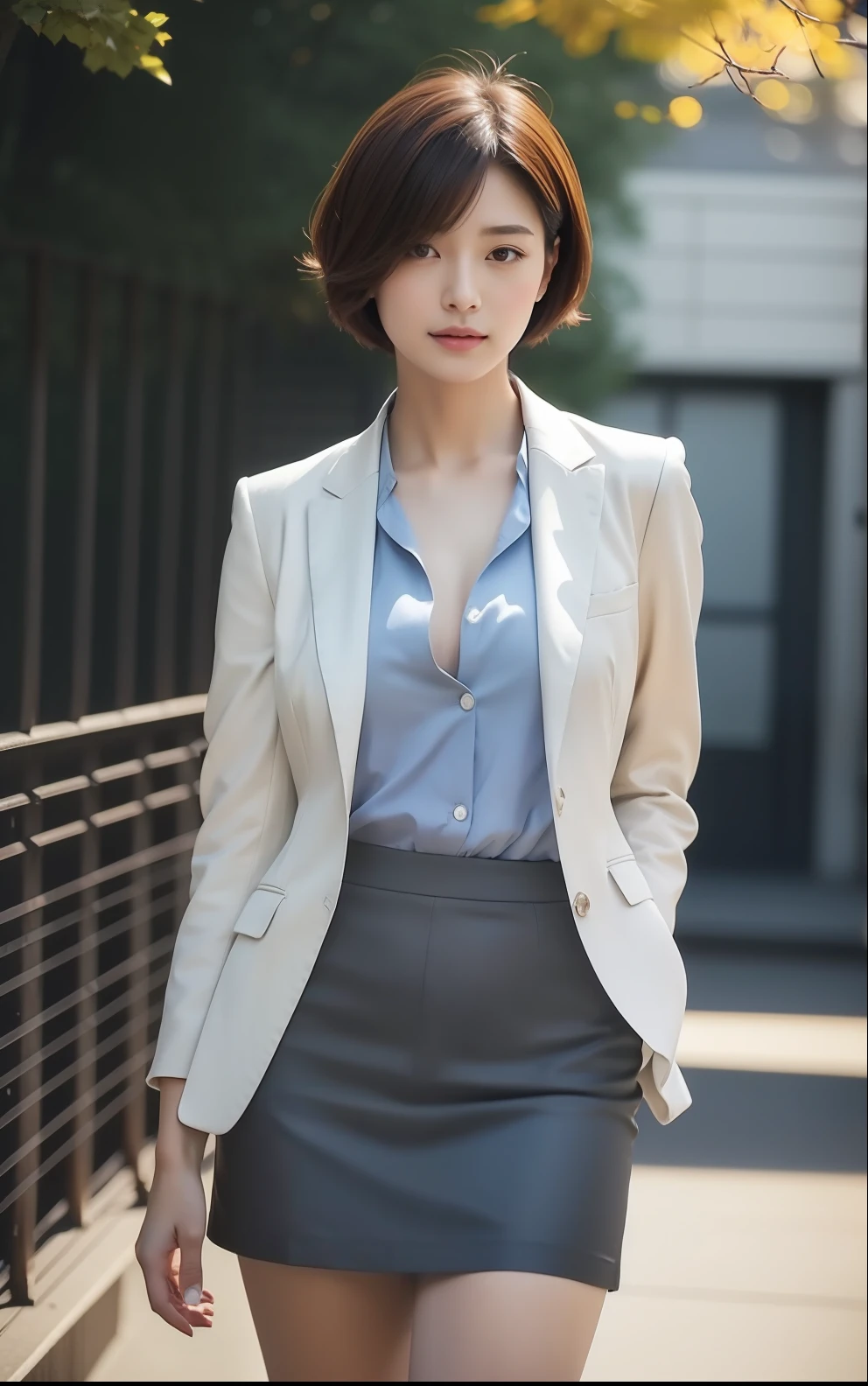 top-quality, masterpiece, Short-cut hairstyles 、Autumn Japan cityscape、Women in Japan、 beautiful countenance, (photographrealistic:1.3), Rim Lighting, (High Detail Skins:1.2), 8K、 hightquality, hight resolution, 4K, 8K, ,Wearing a formal blazer with a large open chest, middlebreast, a short skirt,Small face、Delicate figure