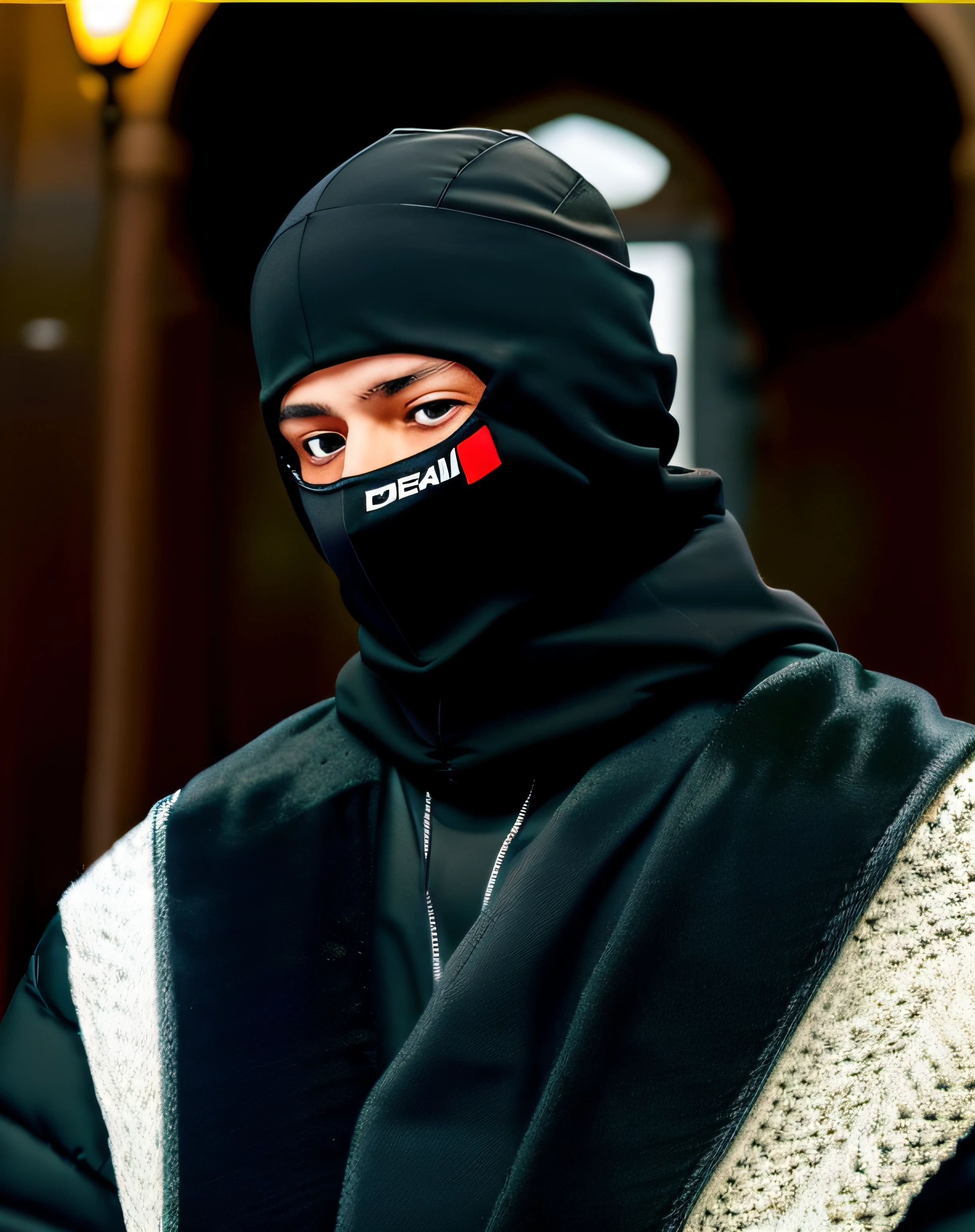 Arafed man wearing a ski mask with a ski board on his face, ski mask, Blade de Drain Gang, balaclava, balaclava, wearing all black mempo mask, Usando un pescador 🧥, conejito malo, Yung Lean, xxxtentacion, capucha cubre sus ojos, Tendencias en R/streetwear, balaclava covering face, Tu G cara