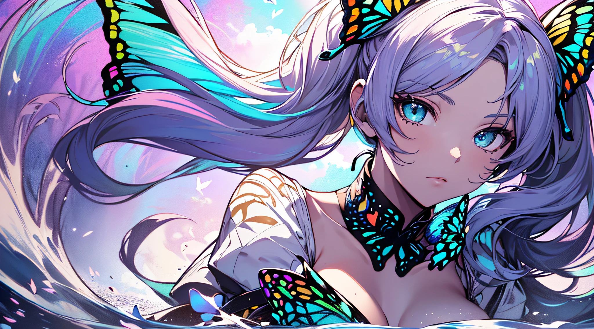 (Highest picture quality),(Master's work), (ultra-detailed),(Detailed eye description:1.2),(floating colorful wind:1.4),(manny colorful butterfly:1.3),(clouds sea),(cleavage),a girl dress,(medium breasts),(thigh bands),(high twintails),the portrait is centered,(close-up:1.2),(looking to the side:1.3), (halo:1.3)