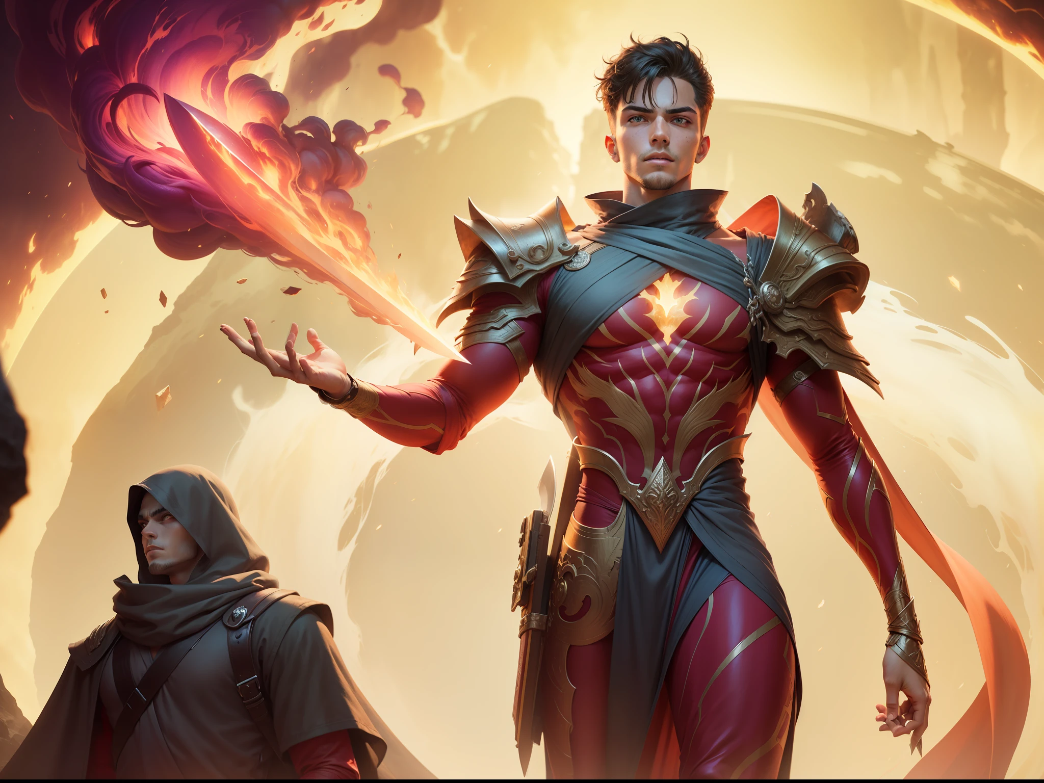 handsome Young man with burning eyes holding a mystical knife in his right hand, A light on chest, Lava body,proposional body, sixpack,long robe behind, dimension traveler,realistic, 8k quality, dimension, High resolution, ultra detail, cinematography, cinematic lightning, multiverse, HD.